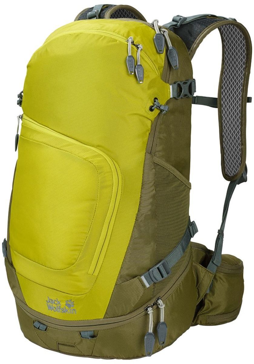 Рюкзак туристический Jack Wolfskin Crosser 26 Pack, цвет: лимонный, хаки. 2004951-4240a026124 Рюкзак туристический Jack Wolfskin Crosser 26 Pack, цвет: лимонный, хаки. 2004951-4240a026124Универсальность для ежедневных приключений на природе, рюкзак сочетает практичные детали туристических и офисных рюкзаков и определенно подходит для обеих сфер применения.Модель многофункциональна, даже в походе ваш планшетный компьютер и все детали оснащения всегда будут под рукой. К деталям отделки относятся и отдельные крепления для трекинговых палок, светодиодного фонарика, а также отражатели и чехол от дождя.Также в рюкзаке можно безопасно переносить ноутбук, бутылку для воды или планшетный компьютер. Упаковывать рюкзак легко благодаряустойчивому дну. В переднем кармане есть органайзер.