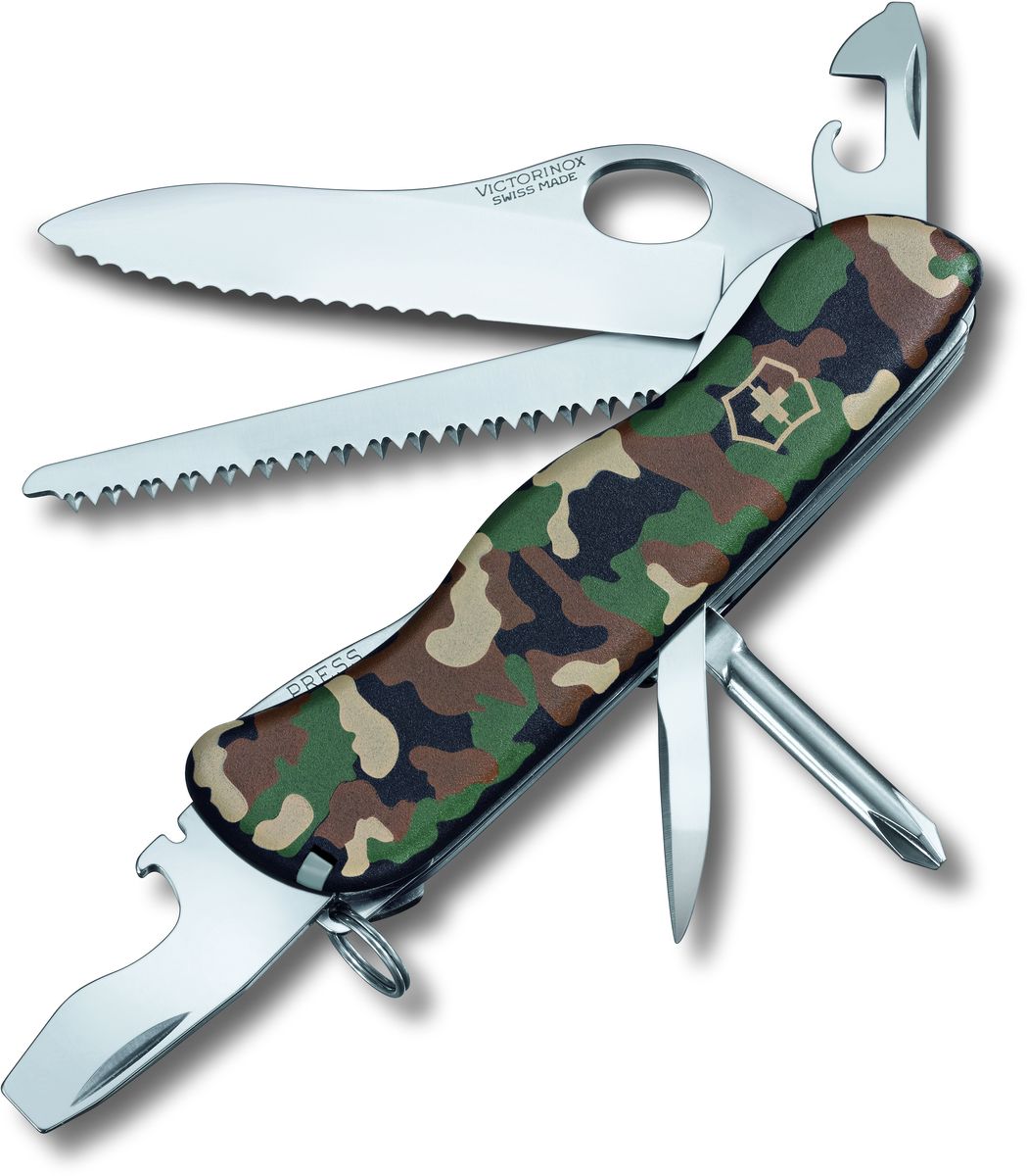 Нож перочинный Victorinox Trailmaster One Hand, 12 функций, цвет: светло-зеленый, длина клинка 86 мм0.8463.MW94 Нож перочинный Victorinox Trailmaster One Hand, 12 функций, цвет: светло-зеленый, длина клинка 86 мм0.8463.MW94Маленький красный карманный нож с эмблемой креста на щите на рукояти — самый узнаваемый символ компании Victorinox.В 1897 году основатель компани Карл Эльзенер разработал первый «Швейцарский армейский нож».Более 130 лет компания Victorinox разрабатывает продукты,которые не просто уникальны по дизайну и качеству,но и способны стать верными спутниками по жизни как для великих,так и для небольших приключений. VICTORINOX Арт. 0.8463.MW94 Перочинный нож TRAILMASTER ONE HAND имеет 12 функций: 1. Фиксирующееся лезвие с петлёй для открывания одной рукой и серейторной заточкой 2. Крестовая отвёртка 3. Консервный нож с: 4. – Малой отвёрткой 5. Фиксирующаяся открывалка для бутылок с: 6. – Отвёрткой 7. – Инструментом для снятия изоляции 8. Шило, кернер 9. Кольцо для ключей 10. Пинцет 11. Зубочистка 12. Пила по дереву Цвет рукояти: зелёный камуфляж Рекомендуемые чехлы: 4.0482.1, 4.0482.3, 4.0822.4, 4.0547 , 4.0547.3, 4.0523.3, 4.0523.31, 4.0523.32, 4.0823.N1, 4.0548, 4.0548.3 Рекомендуемые...