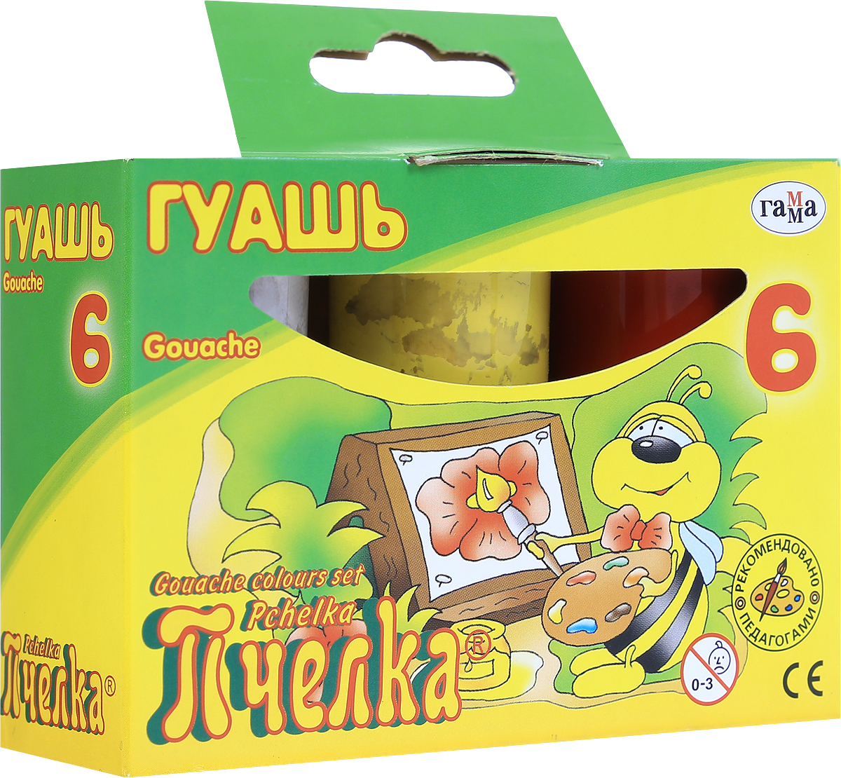 Гамма Гуашь Пчелка 6 цветов221014 Гамма Гуашь Пчелка 6 цветов221014Гуашь Гамма Пчелка предназначена для детского творчества, выполнения художественно-декоративных, оформительских работ детей в возрасте от 3-х лет. Краски изготовлены на основе натуральных компонентов и высококачественных пигментов. Краска находится в пластиковых баночках с безупречно завинчивающейся крышкой. Краски обладают хорошей кроющей способностью, насыщенностью и чистотой цвета, прекрасно смешиваются между собой, создавая новые чистые оттенки. В процессе рисования ребенок научится различать и смешивать цвета, разовьет мелкую моторику и фантазию. В наборе 6 цветов. Емкость одной баночки с краской: 20 мл.