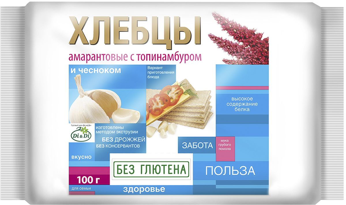 Di&Di Хлебцы амарантовые с топинамбуром и чесноком, 100 г4650061331252 Di&Di Хлебцы амарантовые с топинамбуром и чесноком, 100 г4650061331252Продукт функционального питания. Богат калием, кальцием, магнием, фосфором, железом.