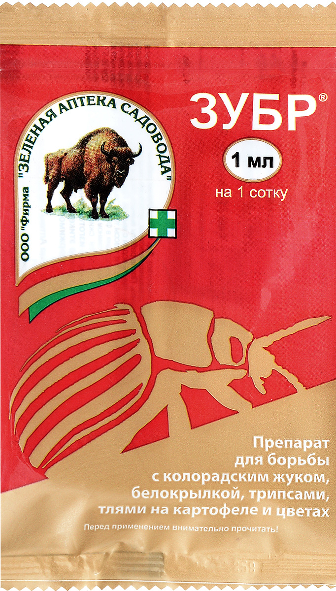 Инсектицид Зубр, 1 млDS-26-08-002-1 Инсектицид Зубр, 1 млDS-26-08-002-1Жидкий инсектицид в ампуле Зубр предназначен для уничтожения листогрызущих и сосущих насекомых-вредителей на растениях. Очень эффективен против колорадского жука на картофеле, тли, трипсов и белокрылки на цветочных растениях. Требуется всего одна обработка за сезон. Инсектицид активен в жару, не смывается дождем и не имеет запаха. Объем: 1 мл. Действующее средство: имидаклоприд. Концентрация: 200 г/л.