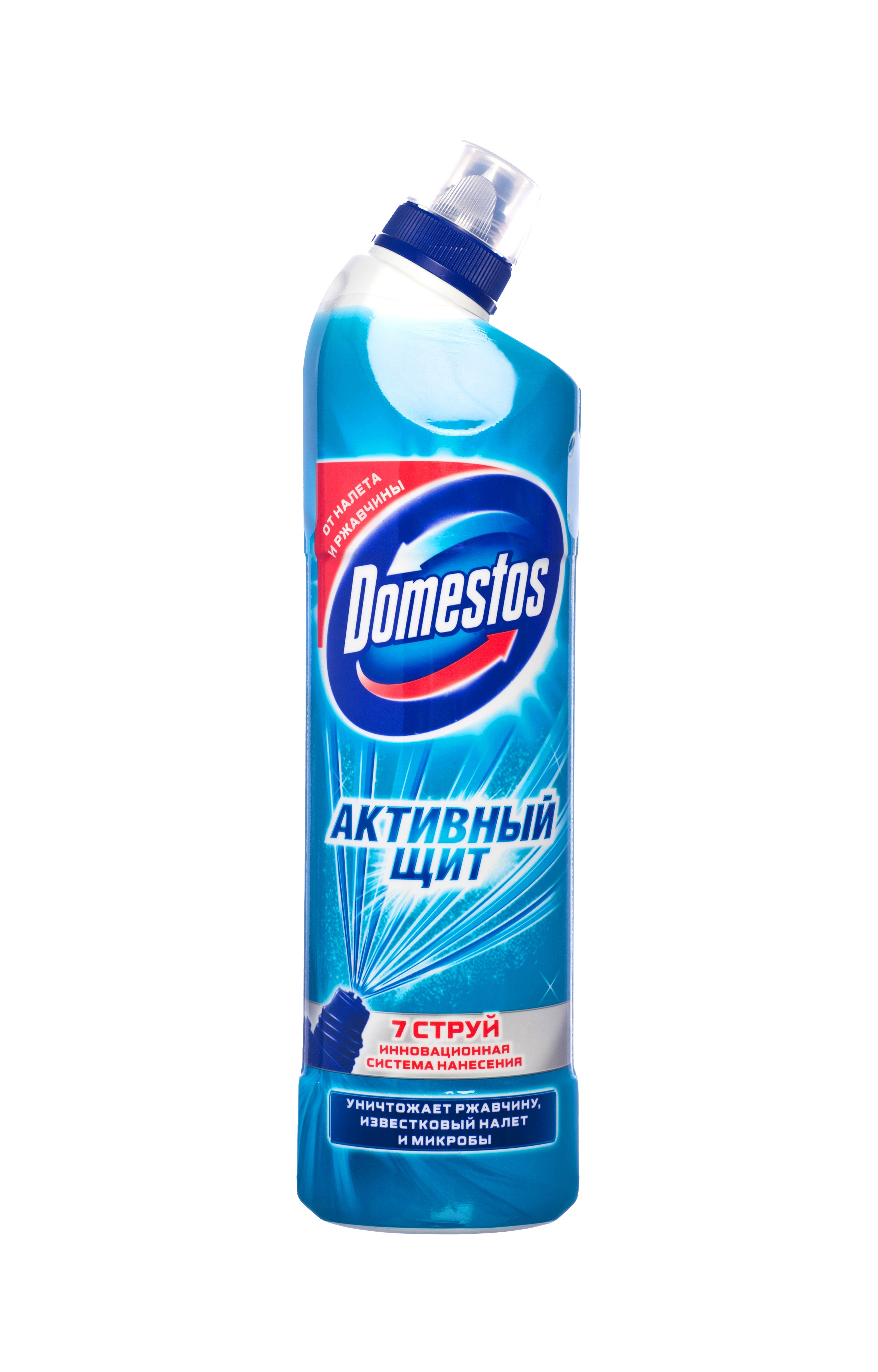 Чистящее средство Domestos Активный щит, свежесть океана, 750 мл21144329 Чистящее средство Domestos Активный щит, свежесть океана, 750 мл21144329Новое средство для удаления известкового налета и ржавчины Domestos Активный щит - революция в очищении туалета. Инновационная система Multi Jet позволяет нанести средство на самые труднодоступные места, обеспечивая уничтожение въевшейся грязи, ржавчины, известкового налета и микробов. Активная формула создает защитный слой на поверхности унитаза, продлевая его чистоту и сияние до следующей уборки. Гель остается на вертикальных поверхностях и работает даже под водой, обеспечивая свежий аромат. Товар сертифицирован.