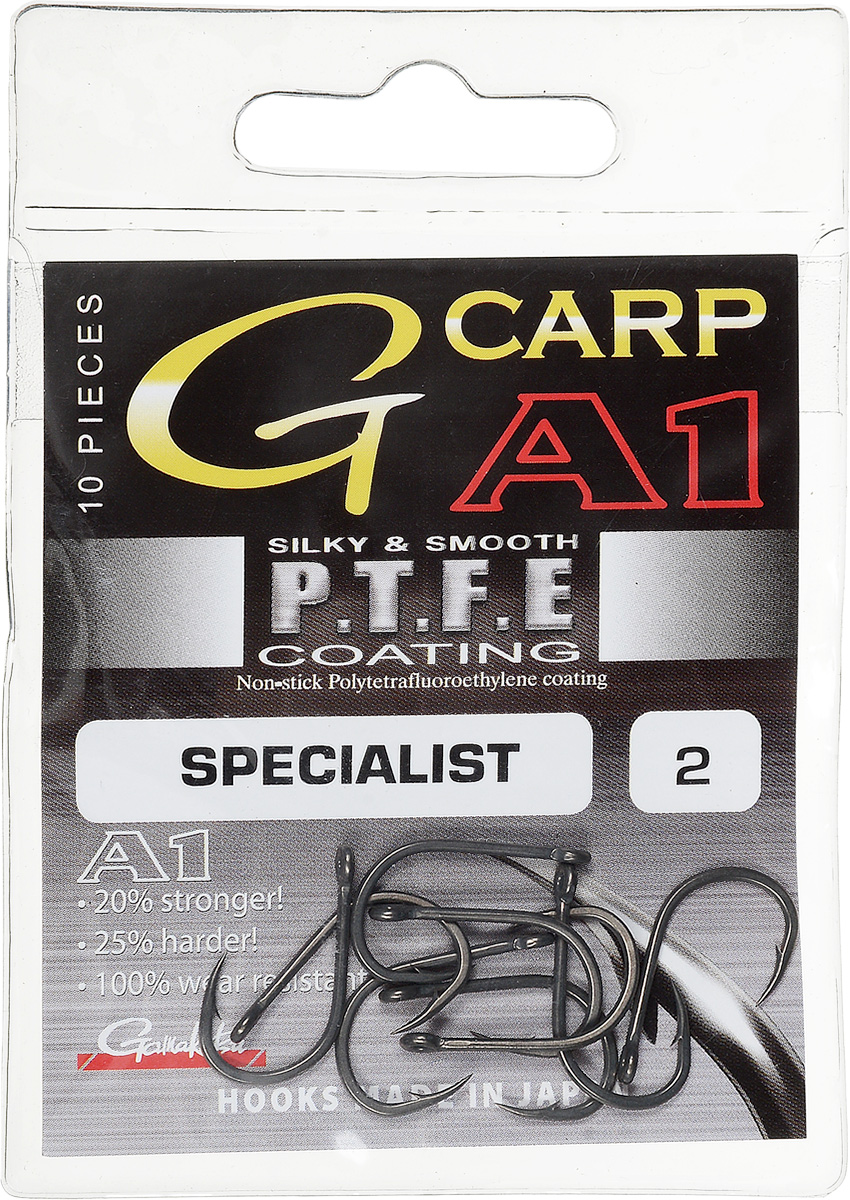 Крючок рыболовный Gamakatsu A1 G-Carp Specialist PTFE T/C, размер 2, 10 шт14767100200 Крючок рыболовный Gamakatsu A1 G-Carp Specialist PTFE T/C, размер 2, 10 шт14767100200Крючок Gamakatsu A1 G-Carp Specialist PTFE T/C подходит для ловли карпа. Изделие изготовлено из стали повышенной прочности. Крючок долго остается острым и легко впивается даже в твердую кость. Крючок не имеет бокового отгиба, жало подогнуто. Применяется в составе волосяных оснасток с тонущими насадками, а также с насадками типа снеговик. Подходит для растительных и животных насадок. Крючок прекрасно справляется на участках дна с наличием донного мусора. Размер: 2. Количество: 10 шт. Вид головки: кольцо.