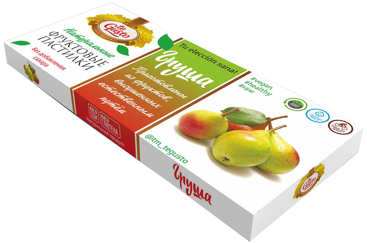 te Gusto Фруктовые пастилки из груши, 40 г4657155301764 te Gusto Фруктовые пастилки из груши, 40 г4657155301764Фруктовые пастилки te Gusto без ГМО, глютена, сои, сахара, фруктозы, красителей, усилителей вкуса, загустителей. В составе только один ингредиент – плод, выращенный в экологически чистом районе. Пастилки изготовлены методом солнечной сушки, без консервантов. Особый способ измельчения плодов позволяет сохранить витамины в первозданном виде. Данный продукт создан для людей, ведущих здоровый образ жизни и уделяющих большое внимание своему питанию. Для спортсменов это полезный и питательный перекус, для вегетарианцев – сладость, не содержащая продуктов животного происхождения, для детей – натуральное лакомство, которое единожды попробовав, они предпочитают шоколадкам, и для всех, вне зависимости от возраста и систем питания – здоровый продукт без красителей, консервантов и подсластителей. В плодах груши содержатся уникальные эфирные масла и биологически активные вещества, которые улучшают настроение, снимают напряжение и даже помогают бороться с...