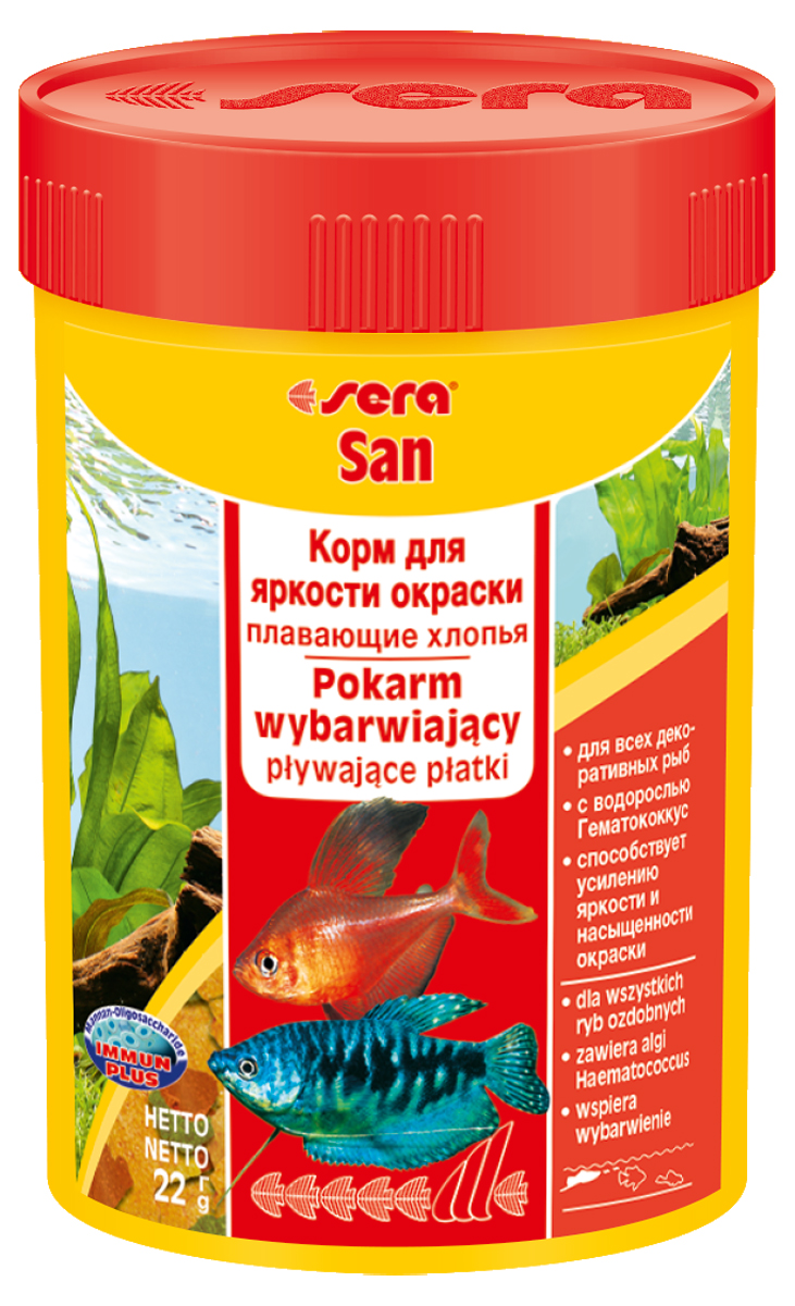 Корм для рыб Sera San, 100 мл (22 г)0120710 Корм для рыб Sera San, 100 мл (22 г)0120710Корм для рыб Sera San - основной корм для всех видов рыб, произведенный в виде хлопьев. Хлопья имеют очень тонкую и пластичную структуру, благодаря чему охотно поедаются даже самыми привередливыми рыбами. Благодаря высокому содержанию каротина и спирулины корм способствует улучшению окраски декоративных рыб. Сбалансированный состав и высокое содержание белков и витаминов позволяет добиться отличного роста у молодых рыб. Полноценный состав из более, чем 40 ингредиентов обеспечивает ежедневные потребности в питательных веществах типичного сообщества рыб. Формула Vital-Immun-Protect гарантирует вашим рыбам прекрасное здоровье, укрепление иммунитета и обилие жизненных сил. Кормить умеренно несколько раз в день в количестве, которое рыбы могут съесть в течение короткого промежутка времени. Ингредиенты: рыбная мука, пшеничная мука, пивные дрожжи, казеинат кальция, гаммарус, яичный порошок, спирулина, масло печени трески, маннанолигосахарид (MOS 0,4%), мука из зеленых губчатых моллюсков, чеснок, зелень, люцерна, крапива, водоросли, зелень петрушки, перец, шпинат, морковь, красители, разрешенные в ЕС. Качественный состав на кг: протеин 48,6%, жир 8,3%, клетчатка 2,9%, зола 11,5%, влажность 5,2%; витамины: А 37000МЕ, В1 35мг, В2 90 мг, С 550 мг, D3 1800МЕ, Е 120 мг. Товар сертифицирован.