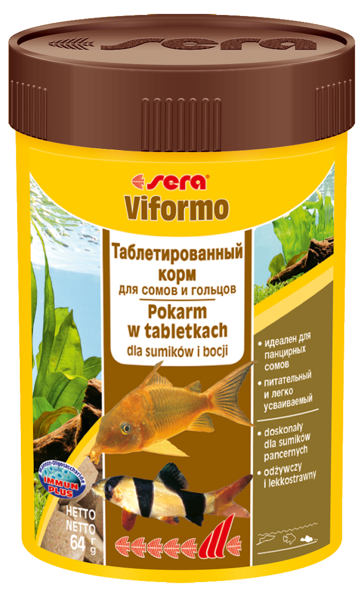 Корм для рыб Sera Viformo, 100 мл (64 г), 275 таблеток0540 Корм для рыб Sera Viformo, 100 мл (64 г), 275 таблеток0540Корм для рыб Sera Viformo предназначен для сомиков и способствует их здоровому развитию и жизнестойкости. Корм выполнен в виде легко усваиваемых таблеток. Таблетки при опускании на дно делятся на крохотные кусочки, что гарантирует соответствующее питание для рыб с маленьким ртом, например, панцирных сомов или гольцов. Кусочки корма остаются спрессованными и не загрязняют воду. Формула Vital-Immun-Protect гарантирует рыбам прекрасное здоровье, укрепление иммунитета и обилие жизненных сил. Инструкция по применению: Кормить один-два раза в день, но только в том количестве, которое рыбы могут съесть в течение короткого периода времени. Ингредиенты: рыбная мука, пшеничная мука, сухое молоко, пивные дрожжи, казеинат кальция, ганмарус, сахар, цельный яичньм порошок, спирулма, морские водоросли, маннанолитсахариды (0,4%), жир из печени рыбы (34% Омега жирных кислот), растительное сырье, лоцерна, крапива, петрушка, зеленые мидии, водоросль гематококкус,...