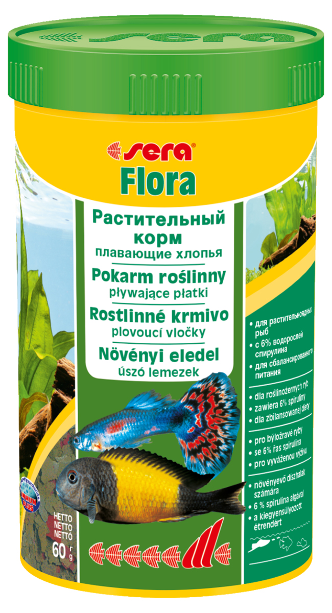 Корм для рыб Sera Flora, 250 мл (60 г)0650 Корм для рыб Sera Flora, 250 мл (60 г)0650Растительный корм – плавающие хлопья – для растительноядных рыб – с 6% водорослей спирулина – для сбалансированного питания. Состоит из хлопьев, произведенных путем бережной обработки сырья. Это идеальный корм для всех видов рыб, кормящихся у поверхности воды. Тщательно подобранные ингредиенты корма, богатые балластными веществами, такими как водоросль спирулина, способствуют здоровому пищеварению и жизнестойкости рыб. Хлопья долго плавают, сохраняя свою форму, поэтому они поедаются полностью и не загрязняют воду. Инструкция по применению: Кормить один-два раза в день, но только в том количестве, которое рыбы могут съесть в течение короткого периода времени. Ингредиенты: рыбная мука, пшеничная мука, пивные дрожжи, казеинат кальция, спирулина (6%), гаммарус, морские водоросли, цельный яичный порошок, крапива, люцерна, растительное сырье, маннанолигосахариды (0,4%), жир из печени рыбы (в т.ч. 34% Омега жирных кислот), петрушка, паприка, зеленые мидии, шпинат, морковь, водоросль...