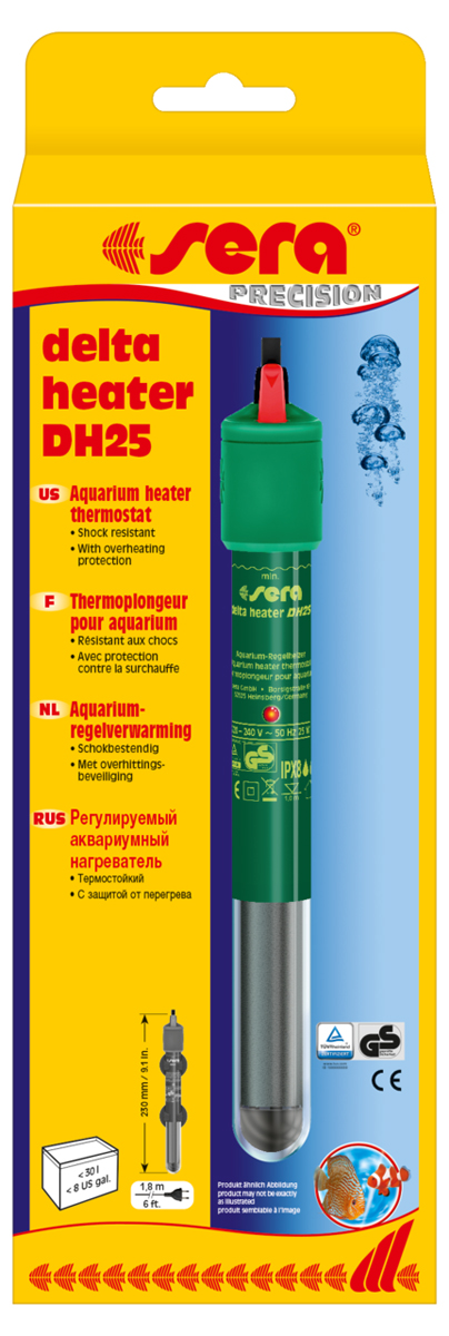Нагреватель для аквариума Sera Delta Heater, 25 Вт0120710 Нагреватель для аквариума Sera Delta Heater, 25 Вт0120710Нагреватель для аквариума Sera Delta Heater изготовлен из термостойкого стекла и, благодаря относительно малому размеру, почти не занимает места в аквариуме. Нагреватель оснащен регулировкой температуры в диапазоне от 18 до 32°C. Дополнительная безопасность обеспечивается системой Защиты от перегрева. Она отключает нагреватель, если он оказывается вне воды. Отчетливо видимый индикатор информирует о рабочем состоянии прибора тремя различными цветами: зеленый (температура в порядке), красный (идет процесс нагрева), фиолетовый (защита от перегрева включена). Достаточно длинный электрический кабель (1,8 м) упрощает установку и позволяет подключить кабель так, чтобы он образовал петлю ниже уровня розетки, что предупредит попадание стекающей по кабелю воды в розетку. Объем аквариума: до 30 л. Длина нагревателя: 23 см. Длина кабеля: 1,8 м.