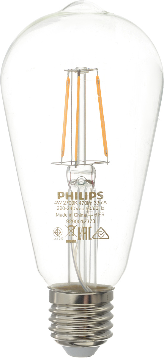 Лампа светодиодная Philips LED bulb, цоколь E27, 4W, 2700K4232 Лампа светодиодная Philips LED bulb, цоколь E27, 4W, 2700K4232Современные светодиодные лампы LED bulb экономичны, имеют долгий срок службы и мгновенно загораются, заполняя комнату светом. Лампа классической формы и высокой яркости позволяет создать уютную и приятную обстановку в любой комнате вашего дома. Светодиодные лампы потребляют на 92 % меньше электроэнергии, чем обычные лампы накаливания, излучая при этом привычный и приятный теплый свет. Срок службы светодиодной лампы LED bulb составляет до 15 000 часов, что соответствует общему сроку службы пятнадцати ламп накаливания. Благодаря чему менять лампы приходится значительно реже, что сокращает количество отходов. Напряжение: 220-240 В. Световой поток: 470 lm. Эквивалент мощности в ваттах: 50 Вт.