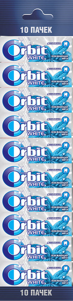 Orbit White Освежающая мята жевательная резинка без сахара, 10 пачек по 13,6 г4009900394376 Orbit White Освежающая мята жевательная резинка без сахара, 10 пачек по 13,6 г4009900394376Жевательная резинка Orbit Белоснежный Освежающая мята без сахара способствует поддержанию здоровья зубов: удаляет остатки пищи, способствует уменьшению зубного налета, нейтрализует вредные кислоты, усиливает процесс реминерализации эмали. Употребление жевательной резинки каждый раз после еды способствует поддержанию чистоты и здоровья зубов в дополнение к уходу за ротовой полостью с помощью зубной щетки.