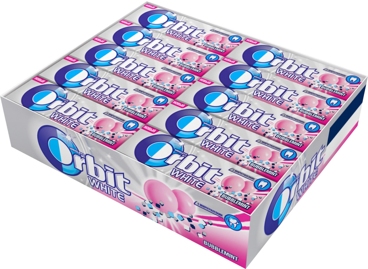 Orbit White Bubblemint жевательная резинка без сахара, 30 пачек по 13,6 г4009900492942 Orbit White Bubblemint жевательная резинка без сахара, 30 пачек по 13,6 г4009900492942Жевательная резинка Orbit Белоснежный Bubblemint без сахара с ароматом фруктов и мяты способствует поддержанию здоровья зубов: удаляет остатки пищи, способствует уменьшению зубного налета, нейтрализует вредные кислоты, усиливает процесс реминерализации эмали. Употребление жевательной резинки каждый раз после еды способствует поддержанию чистоты и здоровья зубов в дополнение к уходу за ротовой полостью с помощью зубной щетки. Уважаемые клиенты! Обращаем ваше внимание, что полный перечень состава продукта представлен на дополнительном изображении.