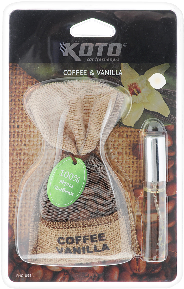Ароматизатор автомобильный Koto Coffe and VanillaFHO-055 Ароматизатор автомобильный Koto Coffe and VanillaFHO-055Ароматизатор Koto Coffe and Vanilla эффективно устраняет неприятные запахи и придает легкий приятный аромат. Он состоит из мешочка с кофе и флакона с жидким ароматизатором. Благодаря присоске, изделие легко размещается в автомобиле на зеркале заднего вида или на любой гладкой поверхности. Объем жидкого ароматизатора: 12 мл. Вес мешочка с кофе: 38 г.