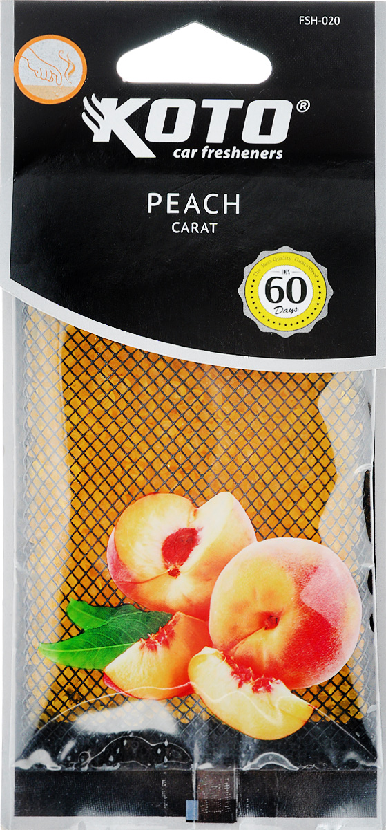 Ароматизатор автомобильный Koto Carat. Peach, гелевый, под сиденьеFSH-020 Ароматизатор автомобильный Koto Carat. Peach, гелевый, под сиденьеFSH-020Автомобильный ароматизатор Koto Carat. Peach эффективно устраняет неприятные запахи и придает легкий приятный аромат. Сочетание геля с парфюмами наилучшего качества обеспечивает устойчивый запах. Кроме того, ароматизатор обладает элегантным дизайном, поэтому будет гармонично смотреться в салоне любого автомобиля. Благодаря удобной конструкции, его можно положить под сиденье. Ароматизатор имеет продолжительный срок службы - до 60 дней. Его можно использовать не только в автомобиле, но и в домашних условиях.