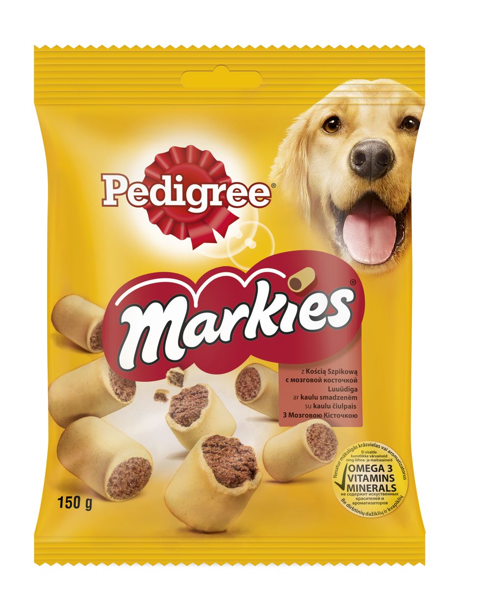 Лакомство для собак Pedigree Markies, с мозговой косточкой, 150 г10224 Лакомство для собак Pedigree Markies, с мозговой косточкой, 150 г10224Лакомство для собак Pedigree Markies подходит в качестве дополнения к основному корму. Собаки средних размеров, например, кокер-спаниель не более 8 штук в неделю. Собаки крупных размеров, например, лабрадор не более 16 штук в неделю. Состав: злаки, продукты растительного происхождения, мясо и субпродукты (включая 4% мозговой косточки и 4% мяса), сахара, жиры и масла, минералы, белковые растительные экстракты, семена и травы. Пищевая ценность (100 г): белки - 14,3 г; жиры - 13 г; зола - 9,25 г; клетчатка - 2,5 г; влага - 9,5 г; кальций - 1,6 г; омега-6 жирные кислоты - 53,7 мг; витамин А - 796,9 МЕ; витамин Е - 7,97 мг; сульфат железа - 7,28 мг. Энергетическая ценность (100 г): 361 ккал. Товар сертифицирован.