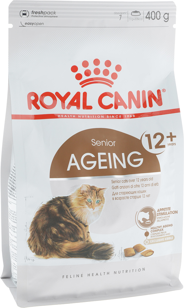 Корм сухой Royal Canin Ageing +12, для кошек старше 12 лет, 400 г498004 Корм сухой Royal Canin Ageing +12, для кошек старше 12 лет, 400 г498004Сухой корм Royal Canin Ageing +12 - это полнорационное питание для стареющих кошек старше 12 лет. У кошек старше 12 лет процесс клеточного старения ускоряется, однако признаки его очень различаются у разных кошек. У некоторых кошек они вообще незаметны, тогда как у других наглядно проявляются физические и поведенческие изменения. Явные признаки старения, которые необходимо отслеживать у кошки: - потеря в весе, - снижение активности, - более жесткая шерсть, - поведенческие изменения, - отсутствие аппетита, - кошка становится привередливее в еде. Корм Royal Canin Ageing +12 помогает противостоять клеточному старению кошек, благодаря запатентованному комплексу антиоксидантов и полифенолам зеленого чая. Такой корм стимулирует когнитивную функцию за счет аминокислот, а повышенное содержание незаменимых жирных кислот поддерживает здоровье суставов стареющих кошек. Корм Royal Canin Ageing +12...