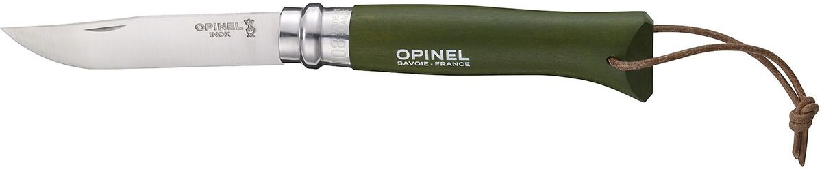 Нож Opinel Tradition. Colored №08, длина клинка 8,5 см, цвет: темно-зеленый001703 Нож Opinel Tradition. Colored №08, длина клинка 8,5 см, цвет: темно-зеленый001703Нож Opinel Tradition Colored №08, нержавеющая сталь, рукоять - граб, цвет - хаки, с темляком. Идеальный карманный нож для пикника, барбекю, походов, охоты и рыбалки. Характеристики ножа: Материал лезвия: сталь Sandvik 12C27 Материал рукояти: окрашенный граб, цвет хаки Тип ножевого замка: Viroblock Приспособление для открытия клинка: насечка на лезвии Длина лезвия, см: 8,5 Длина ножа, см: 19 Ширина лезвия, см: 1,73 Длина в сложенном положении, см: 11 Вес, гр: 45 Viroblock - оригинальное запорное устройство, представляющее собой кольцо с прорезью, которое, будучи повернуто относительно оси ножа, упирается в пятку клинка и не доет ножу самопроизвольно складываться при работе или раскладываться в кармане. Конструкция эта защищена патентом и устанавливается на ножи Opinel с 1955 года, начиная с модели n° 6.