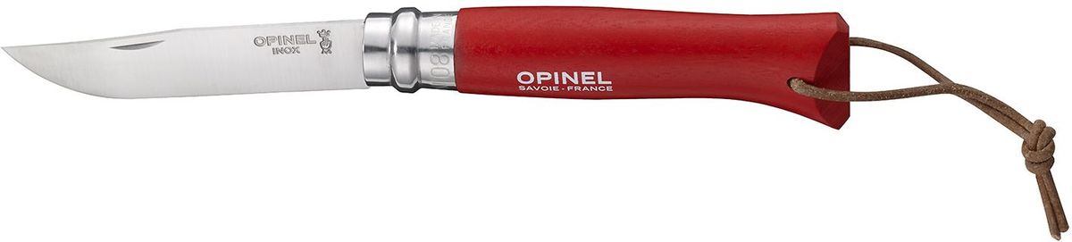 Нож Opinel Tradition. Colored №08, длина клинка 8,5 см, цвет: красныйa026124 Нож Opinel Tradition. Colored №08, длина клинка 8,5 см, цвет: красныйa026124Нож Opinel Tradition Colored №08, нержавеющая сталь, рукоять - граб, цвет - красный, с темляком и чехлом. Идеальный карманный нож для пикника, барбекю, походов, охоты и рыбалки.Характеристики ножа:Материал лезвия: сталь Sandvik 12C27Материал рукояти: окрашенный граб, цвет красныйТип ножевого замка: ViroblockПриспособление для открытия клинка: насечка на лезвииДлина лезвия, см: 8,5Длина ножа, см: 19Ширина лезвия, см: 1,73Длина в сложенном положении, см: 11Вес, гр: 45Вес ножа с упаковкой и чехлом, гр: 80Viroblock - оригинальное запорное устройство, представляющее собой кольцо с прорезью, которое, будучи повернуто относительно оси ножа, упирается в пятку клинка и не доет ножу самопроизвольно складываться при работе или раскладываться в кармане. Конструкция эта защищена патентом и устанавливается на ножи Opinel с 1955 года, начиная с модели n° 6.