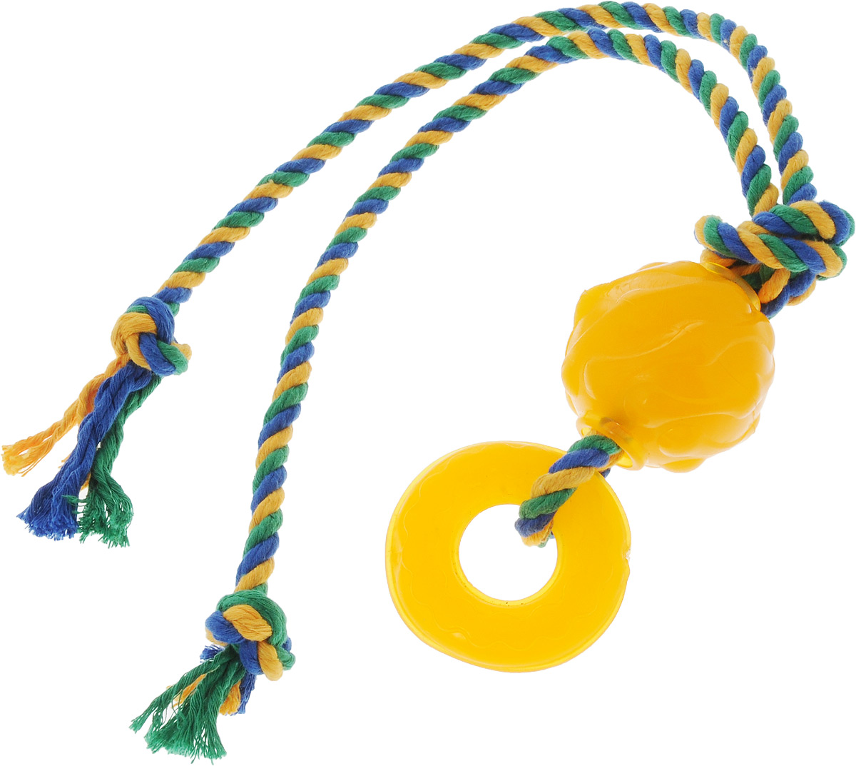 Игрушка для собак Doglike Комета, с канатом, длина 60 смD12-1115 Игрушка для собак Doglike Комета, с канатом, длина 60 смD12-1115Игрушка Doglike Комета служит для массажа десен и очистки зубов от налета и камня, а также снимает нервное напряжение. Игрушка выполнена из резины в виде кольца и шара с нанизанным текстильным канатом. Она прочная и может выдержать огромное количество часов игры. Это идеальная замена косточке. Если ваш пес портит мебель, излишне агрессивен, непослушен или страдает излишним весом то, скорее всего, корень всех бед кроется в недостаточной физической и эмоциональной нагрузке. Порадуйте своего питомца прекрасным и качественным подарком. Размер резиновых игрушек: 7 х 7 х 2 см; 6 х 6 х 6 см. Длина игрушки: 60 см. Уважаемые клиенты! Обращаем ваше внимание на цветовой ассортимент товара. Поставка осуществляется в зависимости от наличия на складе.