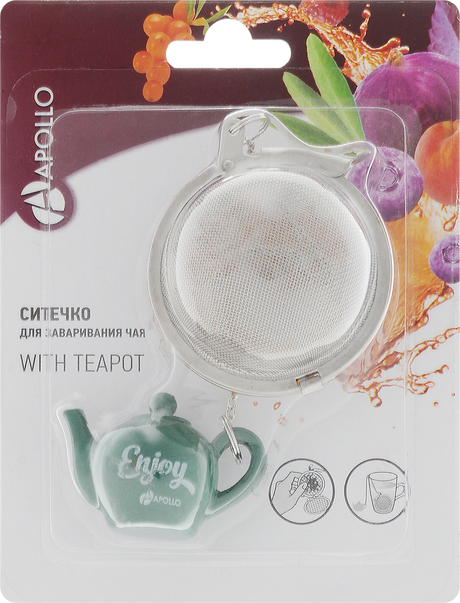 Ситечко для чая Apollo With Teapot, цвет: темно-зеленый, диаметр 5 см94672 Ситечко для чая Apollo With Teapot, цвет: темно-зеленый, диаметр 5 см94672Ситечко Apollo With Teapot прекрасно подходит для заваривания любого вида чая. Изделие выполнено из нержавеющей стали. Ситечком очень легко пользоваться - просто насыпьте заварку внутрь и погрузите на дно кружки. Ситечко дополнено металлической цепочкой с фигуркой заварочного чайника из полирезина. Забавная и приятная вещица для вашего домашнего чаепития.Не рекомендуется мыть в посудомоечной машине.Размер фигурки: 4,5 х 3 х 2,5 см. Диаметр ситечка: 5 см.