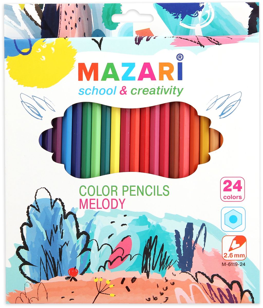 Mazari Набор цветных карандашей Melody 24 цветаМ-6119-24 Mazari Набор цветных карандашей Melody 24 цветаМ-6119-24Карандаши цветные Mazari Melody предназначены для письма, рисования и черчения. Карандаши имеют шестигранную форму, диаметр грифеля - 2,6 мм. В наборе 24 карандаша ярких цветов.