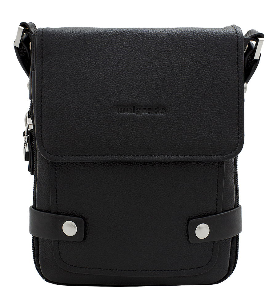 Сумка мужская Malgrado, цвет: черный. BR10-522B4743BR10-522B4743 black Сумка мужская Malgrado, цвет: черный. BR10-522B4743BR10-522B4743 blackОригинальная мужская сумка Malgrado из натуральной кожи черного цвета. Сумка закрывается на застежку-молнию и клапаном на магнитные кнопки. Внутри одно отделение, вшитый карман на молнии, открытый кармашек для телефона, один кармашек для пишущих принадлежностей. Под клапаном имеется два открытых кармашка. Также на задней стороне расположен вшитый карман на застежку молнию. В комплекте плечевой текстильный ремень и чехол для хранения. Характеристики: Материал: натуральная кожа, текстиль, металл. Размер сумки: 20 см х 26 см х 4 см. Длина плечевого ремня: 80-160 см. Цвет: черный. Артикул: BR10-522B4743 black.