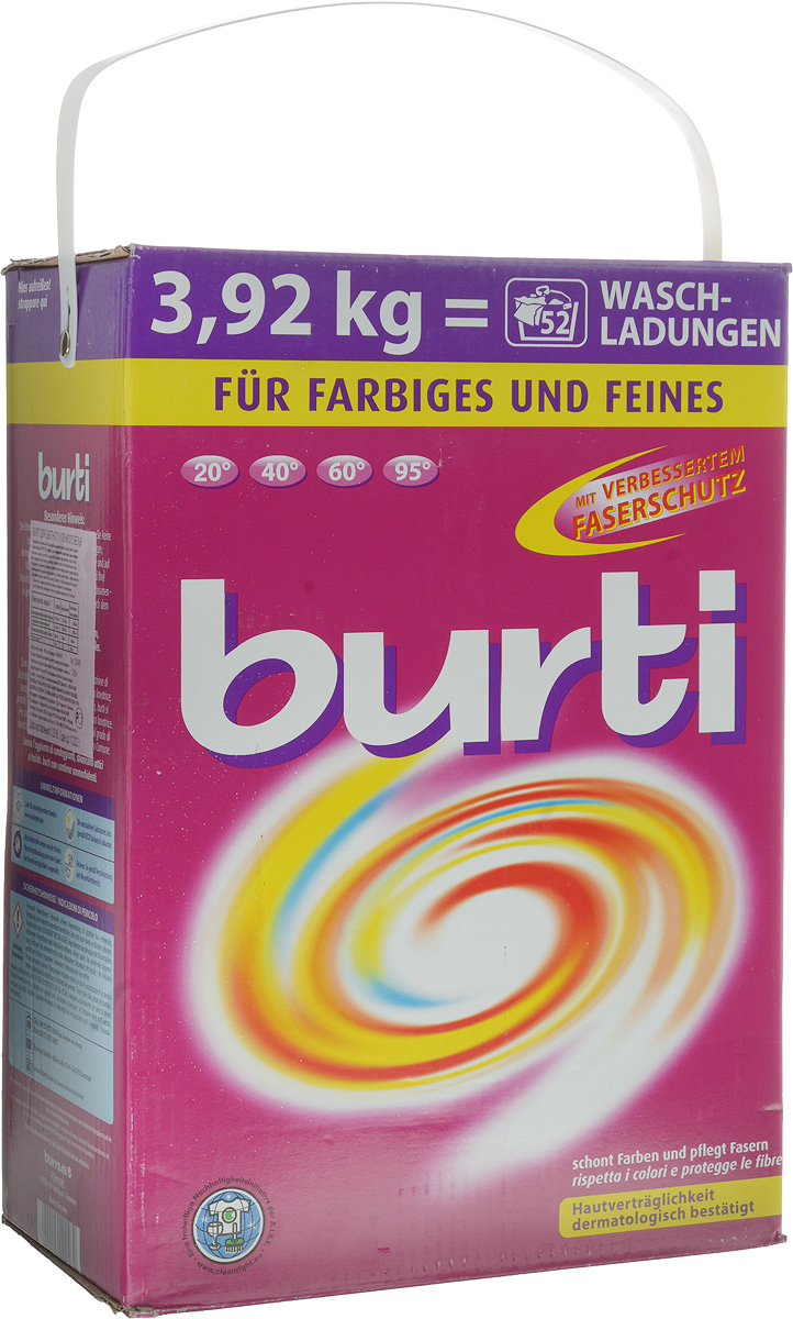 Стиральный порошок Burti Color, для цветного и тонкого белья, 3,92 кг26958007 Стиральный порошок Burti Color, для цветного и тонкого белья, 3,92 кг26958007Великолепный стиральный порошок Burti Compact для экономичного ухода с защитой цвета и волокон. Освежает цвет и эффективно удаляет трудновыводимые пятна: какао, молоко, соусов, яиц, крови и пота. Идеален для цветного и тонкого белья, так как содержит новую формулу, которая сохраняет как яркость цвета, так и оттенки пастельных тонов. Отстирывает и ухаживает за тонким высококачественным текстилем, даже в холодной воде. Оптимальная комбинация энзимов бережно ухаживает за бельем и делает ткань более гладкой. Вы можете доверять щадящему уходу за цветом, а так же вы можете забыть неприятную тему размытого рисунка - равно как линьку и блеклость. Порошок обладает системой анти-пилинг, которая предотвращает образование катышков, портящих вид ткани. Подходит для ручной стирки и стирки в автоматических стиральных машинах. Стиральный порошок Burti Compact - дерматологически тестирован, гигиеничен и гипоаллергенен. Товар сертифицирован.