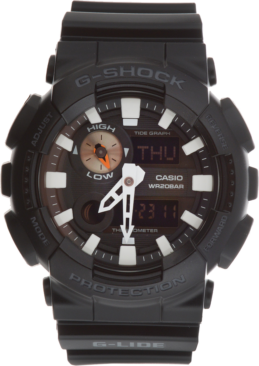 Часы наручные мужские Casio G-Shock, цвет: черный. GAX-100B-1AGAX-100B-1A Часы наручные мужские Casio G-Shock, цвет: черный. GAX-100B-1AGAX-100B-1ALED-подсветка при помощи ярких светодиодов циферблата и жидкокристаллического дисплея. Автоматическая подсветка срабатывает при подъеме и повороте руки, а так же при нажатии на кнопку. Датчик термометра, измерение температуры от -10 до +60 °C График приливов с уровнем на определенную дату и время. Отображение мирового времени в 29 часовых поясах зонах с отображением основных городов в них. Секундомер с точностью показаний 1/100 сек и максимальным временем измерения 1000 часов. Таймер обратного отсчета на 60 минут с точностью в 1 секунду. 5 ежедневных будильников, устанавливаемых на определенное время, ежечасный сигнал.. Вкл./Откл. звука кнопок. Автоматическая подстройка положения стрелок пи нажатии кнопок, таким образом, чтобы не закрывать дисплей и вспомогательные индикаторы. Автоматический календарь, не требующий дополнительной корректировки, может быть настроен по 2099 год. Отображение времени в 12/24 часовом формате. Комбинированный корпус выполнен из нержавеющей стали 316L и...