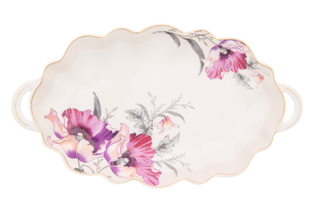 Блюдо для нарезки Elan Gallery Серебристый мак, 26 х 14,5 х 2,5 см740341 Блюдо для нарезки Elan Gallery Серебристый мак, 26 х 14,5 х 2,5 см740341Блюдо для нарезки Elan Gallery Серебристые маки, изготовленное из керамики, прекрасно подойдет для подачи нарезок, закусок и других блюд. Блюдо дополнено двумя удобными ручками и оформлено цветочным рисунком. Такое блюдо украсит сервировку вашего стола и подчеркнет прекрасный вкус хозяйки. Не рекомендуется применять абразивные моющие средства. Не использовать в микроволновой печи. Размер блюда по верхнему краю (с учетом ручек): 26 х 14,5 см. Высота блюда: 2,5 см.