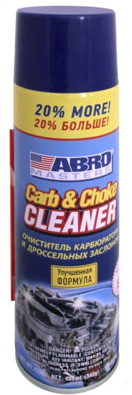Очиститель карбюратора Abro Masters + 20%CC-110 Очиститель карбюратора Abro Masters + 20%CC-110Растворяет и удаляет углеродистые отложения, нагар, масло и прочие загрязнения с дроссельных заслонок, карбюратора и прочих деталей топливной системы. Подходит для карбюраторных и инжекторных двигателей (EFI, MPI, GDI, FSI и т. д.). Использование Очиститель карбюратора и дроссельных заслонок позволяет снизить расход топлива, улучшить запуск двигателя, восстановить стабильность холостых оборотов. При использовании бензина низкого качества рекомендуется использовать очиститель карбюратора каждые 7000–10 000 км. Помимо основного предназначения можно использовать для очистки любых маслянистых загрязнений, нагара, смазки.