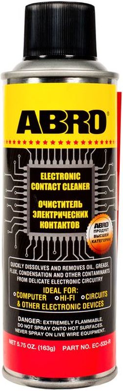 Очиститель электрических контактов Abro, 163 гEC-533 Очиститель электрических контактов Abro, 163 гEC-533Удаляет масло, жир, грязь, окислы и влагу с электрических контактов, переключателей, розеток, электроплат, измерительных приборов и т. д. Не оставляет сухого остатка, безопасен для большинства пластмасс. Предотвращает ухудшение электросигнала и закисание электроконтактов. Идеально подходит для электрических блоков и контактов в автомобиле и дома, компьютеров, аудио- и видеотехники, а также любых других электрических приборов и устройств.
