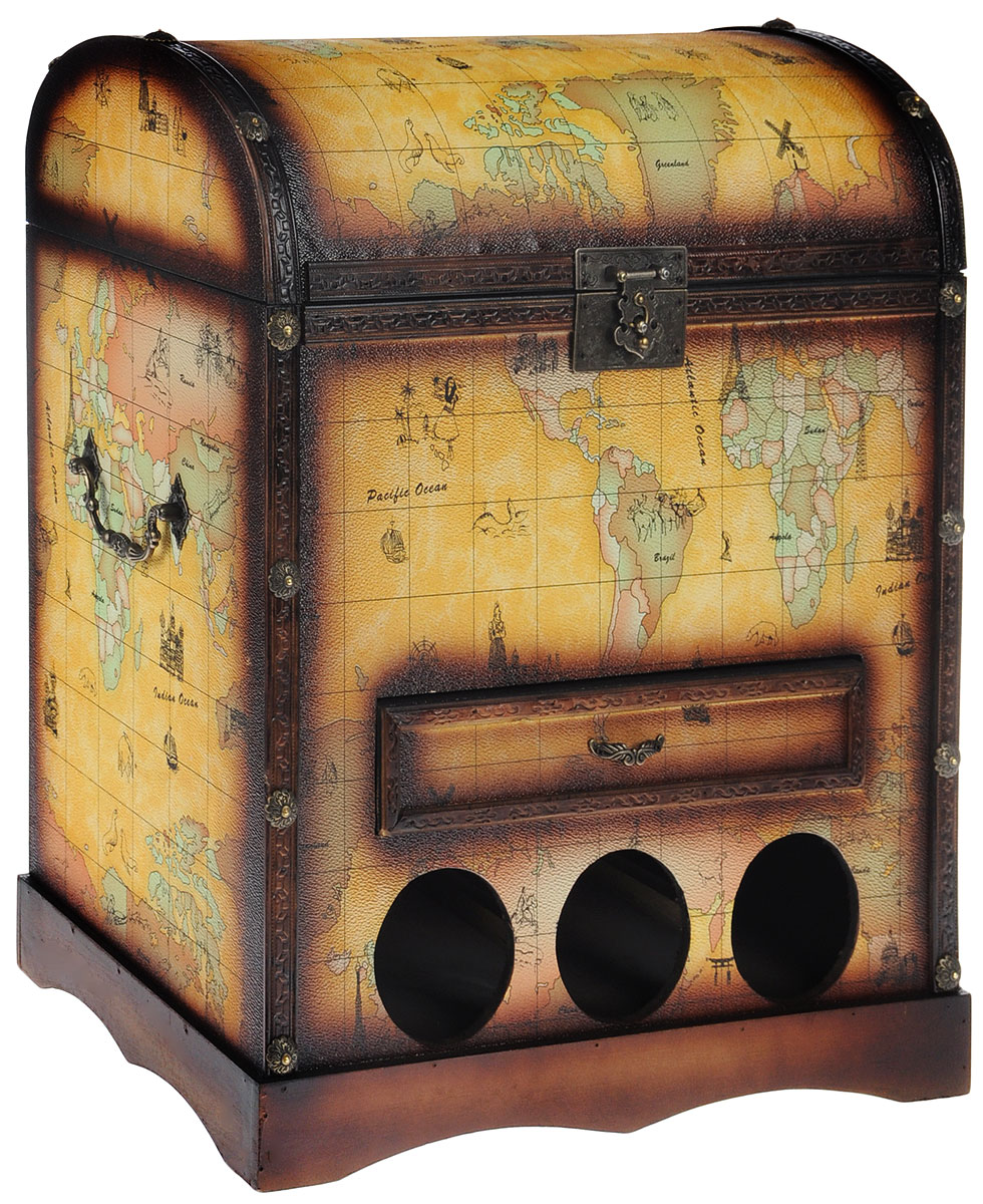 Сундук-бар Roura Decoracion, 44 х 26 х 50 см34729 Сундук-бар Roura Decoracion, 44 х 26 х 50 см34729Сундук-бар Roura Decoracion изготовлен из прочного дерева в виде старинного сундука, дополнен металлическими резными ручками и декоративными элементами. Внутренняя поверхность отделана бархатистым текстилем. В сундуке предусмотрено основное отделение, закрывающееся на курковый замок, и выдвижной ящик, который отлично подойдет для хранения небольших стопок, закусок и всевозможных аксессуаров. Внизу предусмотрены специальные отделения для хранения винных бутылок. Таким образом, сундук-бар позволяет компактно разместить вашу алкогольную коллекцию и роскошно презентовать ее своим гостям. Сундук-бар оригинально дополнит интерьер современной квартиры. Он не только внесет новый штрих в привычную обстановку, но и позволит вдохнуть некий шарм, возродить романтику путешествий, создать удивительную атмосферу уютной роскоши.