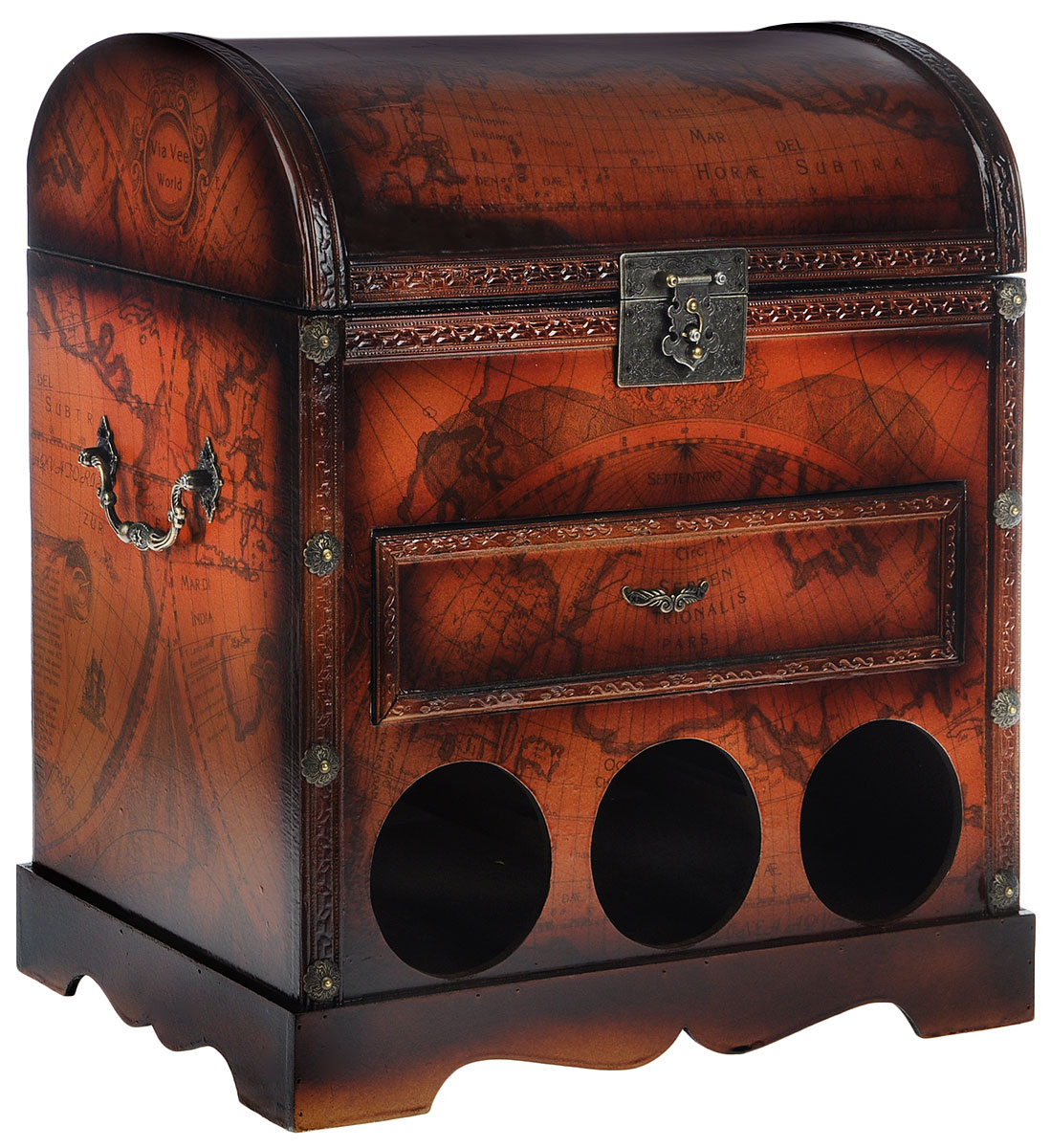 Сундук-бар Roura Decoracion, 38 х 25 х 44 см34288 Сундук-бар Roura Decoracion, 38 х 25 х 44 см34288Сундук-бар Roura Decoracion изготовлен из прочного дерева в виде старинного сундука, дополнен металлическими резными ручками и декоративными элементами. Внутренняя поверхность отделана бархатистым текстилем. В сундуке предусмотрено основное отделение, закрывающееся на курковый замок, и выдвижной ящик, который отлично подойдет для хранения небольших стопок, закусок и всевозможных аксессуаров. Внизу предусмотрены специальные отделения для хранения винных бутылок. Таким образом, сундук-бар позволяет компактно разместить вашу алкогольную коллекцию и роскошно презентовать ее своим гостям. Сундук-бар оригинально дополнит интерьер современной квартиры. Он не только внесет новый штрих в привычную обстановку, но и позволит вдохнуть некий шарм, возродить романтику путешествий, создать удивительную атмосферу уютной роскоши.