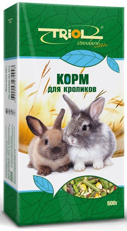 Корм Тriol Standard для кроликов, 500 г0120710 Корм Тriol Standard для кроликов, 500 г0120710Комплексный, высококачественный основной корм для кроликов. Эта универсальная смесь натуральных природных компонентов содержит все питательные вещества, витамины и минералы, необходимые для роста и развития вашего питомца. Оптимальная комбинация травяных гранул и семян различных зерновых культур обеспечивают превосходное пищеварение, гигиену полости рта, сияющую шерсть и великолепное здоровье грызунам. Правильно сбалансированный корм поможет вам вырастить здоровых и веселых питомцев. Продукт не содержит искусственных добавок и красителей.Корм для грызунов порадует вашу морскую свинку, хомячка или шиншиллу, крысу или мышку и разнообразит его ежедневный рацион. Корм специально составлен из самых вкусных и необходимых компонентов, он содержит много волокон, что положительно влияет на пищеварение вашего питомца. Корм изготовлен из отборного экологически чистого зерна, для поддержания долгой и здоровой жизни вашего любимца.Состав: просо белое, просо красное, овес, семена подсолнечника, суданка, витамины, ячмень, пшеница, горох, кукуруза, травяные гранулы, попкорн, семена луговых трав.