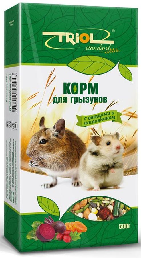 Корм Тriol Standard для грызунов, с овощами и шиповником, 500 гКф-16900 Корм Тriol Standard для грызунов, с овощами и шиповником, 500 гКф-16900Комплексный, высококачественный основной корм для грызунов с овощами и шиповником. Эта универсальная смесь натуральных природных компонентов содержит все питательные вещества, витамины и минералы, необходимые для роста и развития вашего питомца. Оптимальная комбинация травяных гранул и семян различных зерновых культур обеспечивают превосходное пищеварение, гигиену полости рта, сияющую шерсть и великолепное здоровье грызунам. Правильно сбалансированный корм поможет вам вырастить здоровых и веселых питомцев. Продукт не содержит искусственных добавок и красителей. Корм для грызунов порадует вашу морскую свинку, хомячка или шиншиллу, крысу или мышку и разнообразит его ежедневный рацион. Корм специально составлен из самых вкусных и необходимых компонентов, он содержит много волокон, что положительно влияет на пищеварение вашего питомца. Корм изготовлен из отборного экологически чистого зерна, для поддержания долгой и здоровой жизни вашего любимца. СОСТАВ: просо белое, просо красное,...