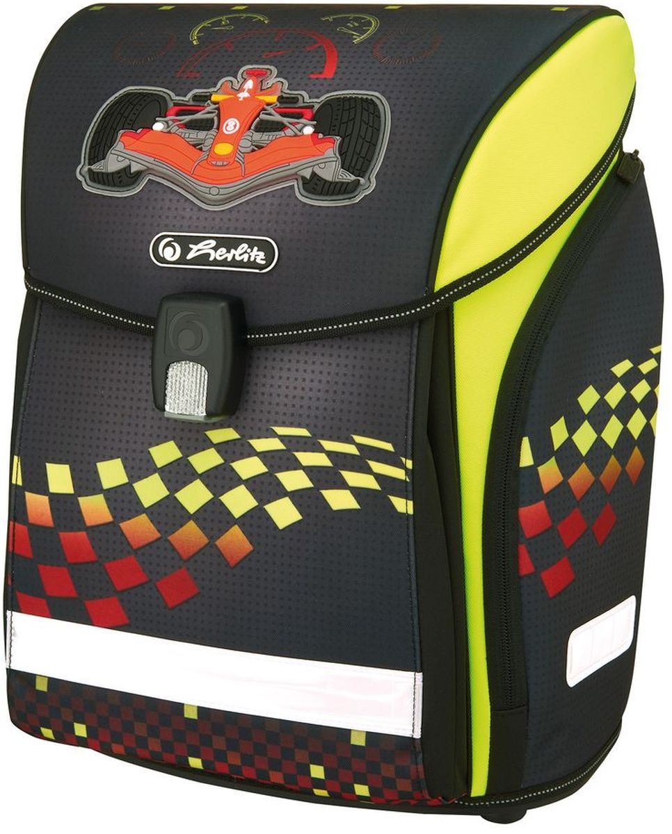 Herlitz Ранец школьный New Midi Formula 1VS16-SB-001 Herlitz Ранец школьный New Midi Formula 1VS16-SB-001Школьный ранец Herlitz New Midi Formula 1 отличается не только красочностью, но и практичностью. Модель изготовлена из полиэстера с водоотталкивающей пропиткой. Спинка и лямки выполнены из вентилируемого материала. Светоотражающие полоски (на лямках, переднем и боковых карманах) и кант из материала 3M Scotchlite обеспечивают безопасность ребенка на дорогах. Ранец равномерно распределяет нагрузку на позвоночник благодаря эргономичной спинке и уплотненным регулируемым лямкам.Быстрый доступ к вещам обеспечивает магнитный замок Fidlock. Модель содержит два внутренних отделения для учебников и тетрадей, карман на молнии.Под крышкой предусмотрено место для расписания уроков. По бокам имеются просторные наружные карманы на молнии. Альбомы, наборы карандашей и другие принадлежности поместятся в компактный, но просторный передний карман, интегрированный в корпус. Прочное пластиковое дно защищает от загрязнений.