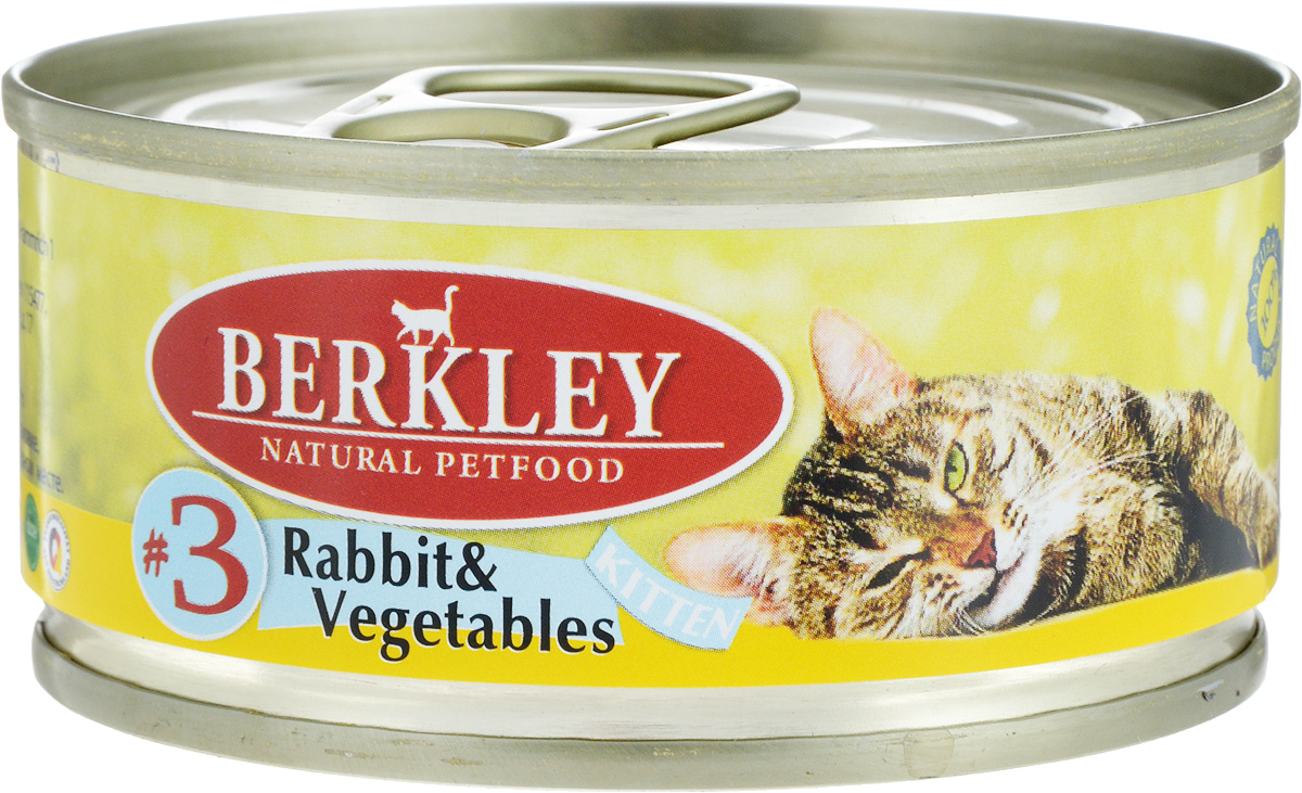 Консервы Berkley №3, для котят, кролик с овощами, 100 г0120710 Консервы Berkley №3, для котят, кролик с овощами, 100 г0120710Консервы Berkley №3 - полноценное консервированное питание для котят. Не содержат сои, консервантов, искусственных красителей и ароматизаторов. Корм полностью удовлетворяет ежедневные энергетические потребности животного и обеспечивает оптимальное функционирование пищеварительной системы.Товар сертифицирован.