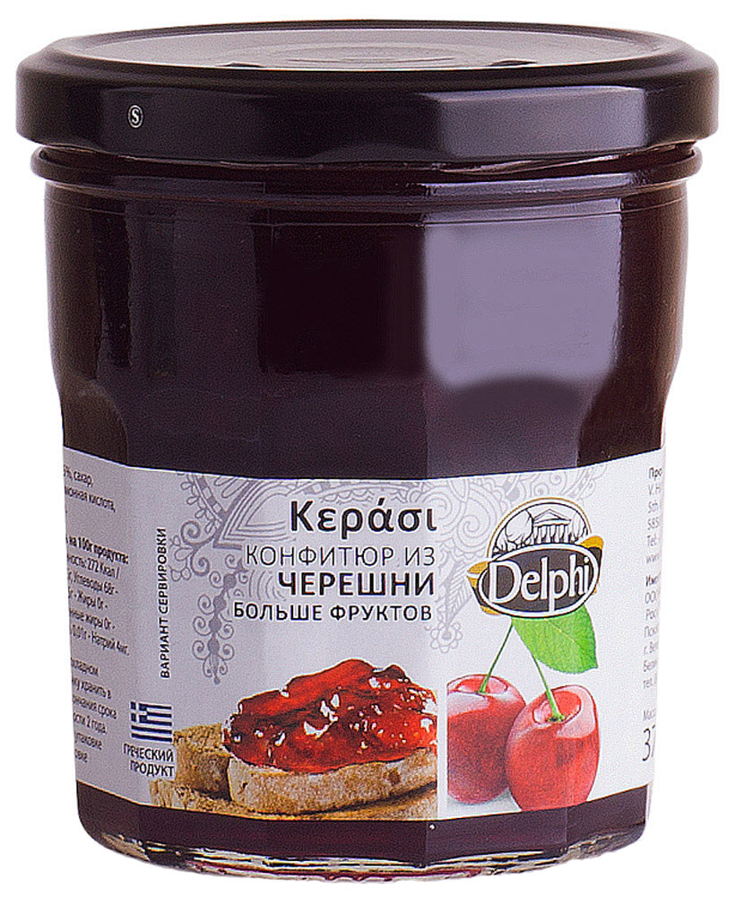 Delphi Конфитюр из черешни, 370 г63.0007 Delphi Конфитюр из черешни, 370 г63.0007Настоящий греческий густой конфитюр из сладкой черешни подарит вам невероятное удовольствие в каждой ложке. Свежая, ароматная черешня растет в благоприятном климате солнечной Греции. Из бережно собранных, спелых ягод получается прекрасный десерт, который превратит обычное чаепитие в праздник. Конфитюр можно подавать как самостоятельный десерт и в дополнение к тостам, хрустящему хлебу, блинам, к каше или творогу, можно добавлять в мюсли или йогурт.