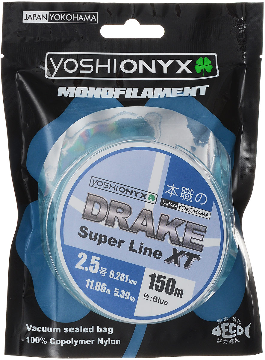 Леска Yoshi Onyx Drake Super Line XT, цвет: голубой, 150 м, 0,261 мм, 5,39 кг89477 Леска Yoshi Onyx Drake Super Line XT, цвет: голубой, 150 м, 0,261 мм, 5,39 кг89477Леска Yoshi Onyx Drake Super Line XT выполнена из голубого монофила (нейлон). Скользкий и мягкий, этот материал невероятно прочен и отлично выдерживает разрывную нагрузку на большинстве узлов. Леска обладает непревзойденными водоотталкивающими свойствами и практически незаметна в воде, что делает ее незаменимой при ловле в условии низких температур. Создана специально для ловли на различные искусственные приманки. Данная леска обладает повышенной устойчивостью к истиранию, прочностью и превосходной чувствительностью. Она очень эластичная, практически не имеет памяти, строго соответствует заявленным тестовым нагрузкам и диаметру.