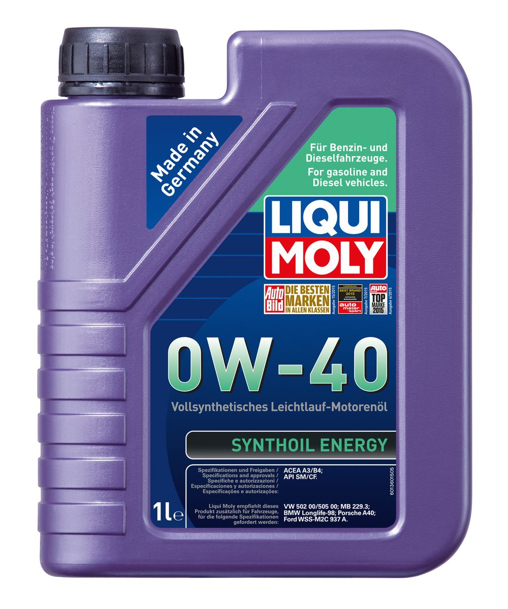 Масло моторное Liqui Moly Synthoil Energy, синтетическое, 0W-40, 1 л2706 (ПО) Масло моторное Liqui Moly Synthoil Energy, синтетическое, 0W-40, 1 л2706 (ПО)Масло моторное Liqui Moly Synthoil Energy - 100% синтетическое универсальное моторное масло на базе полиальфаолефинов (ПАО) для большинства автомобилей, для которых требования к маслам опираются на международные классификации API и ACEA. Класс вязкости 0W-40 моторного масла на ПАО-базе оптимален для эксплуатации в холодных условиях, обеспечивая уверенный пуск двигателя даже в сильный мороз и высокий уровень защиты. Использование современных полностью синтетических базовых масел (ПАО) и передовых технологий в области разработок присадок гарантирует низкую вязкость масла при низких температурах, высокую надежность масляной пленки. Моторные масла линейки Synthoil предотвращают образование отложений в двигателе, снижают трение и надежно защищают от износа. Особенности: - Отличные пусковые свойства в мороз- Быстрое поступление масла ко всем деталям двигателя при низких температурах- Высокая смазывающая способность- Замечательная термоокислительная стабильность и устойчивость к старению- Оптимальная чистота двигателя- Протестировано и совместимо с катализаторами и турбонаддувом- Высокая стабильность при высоких температурах- Очень низкий расход маслаДопуск: -API: CF/SM-ACEA: A3/B4