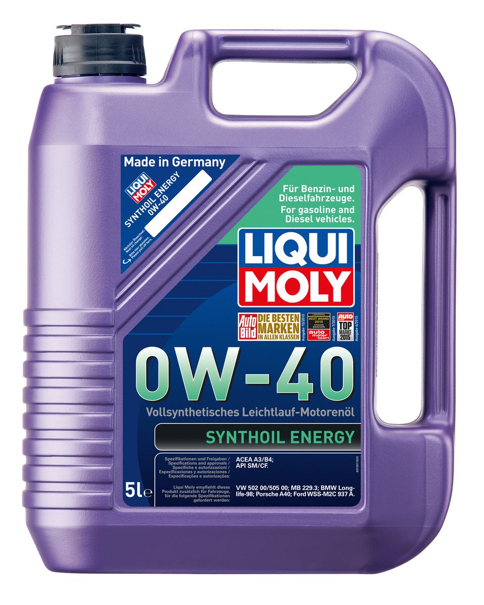 Масло моторное Liqui Moly Synthoil Energy, синтетическое, 0W-40, 5 л1923 Масло моторное Liqui Moly Synthoil Energy, синтетическое, 0W-40, 5 л1923Масло моторное Liqui Moly Synthoil Energy - 100% синтетическое универсальное моторное масло на базе полиальфаолефинов (ПАО) для большинства автомобилей, для которых требования к маслам опираются на международные классификации API и ACEA. Класс вязкости 0W-40 моторного масла на ПАО-базе оптимален для эксплуатации в холодных условиях, обеспечивая уверенный пуск двигателя даже в сильный мороз и высокий уровень защиты. Использование современных полностью синтетических базовых масел (ПАО) и передовых технологий в области разработок присадок гарантирует низкую вязкость масла при низких температурах, высокую надежность масляной пленки. Моторные масла линейки Synthoil предотвращают образование отложений в двигателе, снижают трение и надежно защищают от износа. Особенности: - Отличные пусковые свойства в мороз - Быстрое поступление масла ко всем деталям двигателя при низких температурах - Высокая смазывающая способность -...
