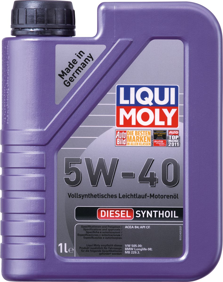 Масло моторное Liqui Moly Diesel Synthoil, синтетическое, 5W-40, 1 л2706 (ПО) Масло моторное Liqui Moly Diesel Synthoil, синтетическое, 5W-40, 1 л2706 (ПО)Масло моторное Liqui Moly Diesel Synthoil - 100% синтетическое универсальное моторное масло на базе полиальфаолефинов (ПАО) для автомобилей с дизельными двигателями, для которых требования к маслам опираются на международные классификации API и ACEA. Специальная формула пакета присадок нивелирует последствия использования низкокачественного дизельного топлива. Отлично подходит для турбированных дизельных двигателей. Использование современных полностью синтетических базовых масел (ПАО) и передовых технологий в области разработок присадок гарантирует низкую вязкость масла при низких температурах, высокую надежность масляной пленки. Моторные масла линейки Synthoil предотвращают образование отложений в двигателе, снижают трение и надежно защищают от износа. - Оптимально для высоконагруженных дизельных двигателей без сажевых фильтров- Быстрое поступление масла ко всем деталям двигателя при низких температурах- Высокая смазывающая способность- Замечательная термоокислительная стабильность и устойчивость к старению- Оптимальная чистота двигателя- Протестировано и совместимо с катализаторами и турбонаддувом- Высокая стабильность при высоких температурах- Очень низкий расход маслаБлагодаря тому, что Synthoil - настоящая 100% ПАО-синтетика, использование данных масел дает уверенность в стабильности их защитных свойств даже в условиях перепадов температур, использования некачественного топлива и превышении срока замены. Масло Synthoil 5W-40 также специально адаптировано для дизельных двигателей.Допуск:- API: CF- ACEA: B4Соответствие:- BMW: Longlife-98- MB: 229.3- VW: 505 00