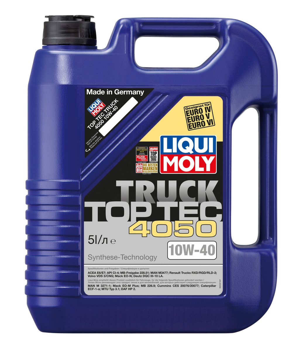Масло моторное Liqui Moly Top Tec Truck 4050, НС-синтетическое, 10W-40, 5 л2232 Масло моторное Liqui Moly Top Tec Truck 4050, НС-синтетическое, 10W-40, 5 л2232Масло моторное Liqui Moly Top Tec Truck 4050 обладает именными допусками для современных дизельных двигателей широкого круга европейских производителей автомобилей, таких как Mercedes-Benz, MAN, VOLVO, Renault. HC-синтетическое малозольное (Low SAPS) моторное масло для всесезонного применения под самые современные нормы ЕВРО IV и V, для автомобилей с системой селективной очистки отработавших газов и с сажевым фильтром (DPF/CRT). Великолепно защищает от износа и обеспечивает оптимальную чистоту двигателя. В моторном масле Top Tec Truck 4050 используются базовые компоненты, произведенные по новейшим технологиям синтеза и отличающиеся высочайшими защитными свойствами. Масла содержат специальный пакет присадок с пониженным содержанием соединений серы и фосфора, что обеспечивает совместимость со специфическими системами нейтрализации и обеспечивает минимальные выбросы вредных веществ. Особенности: - Сокращает вредные выбросы - Совместимо с новейшими...