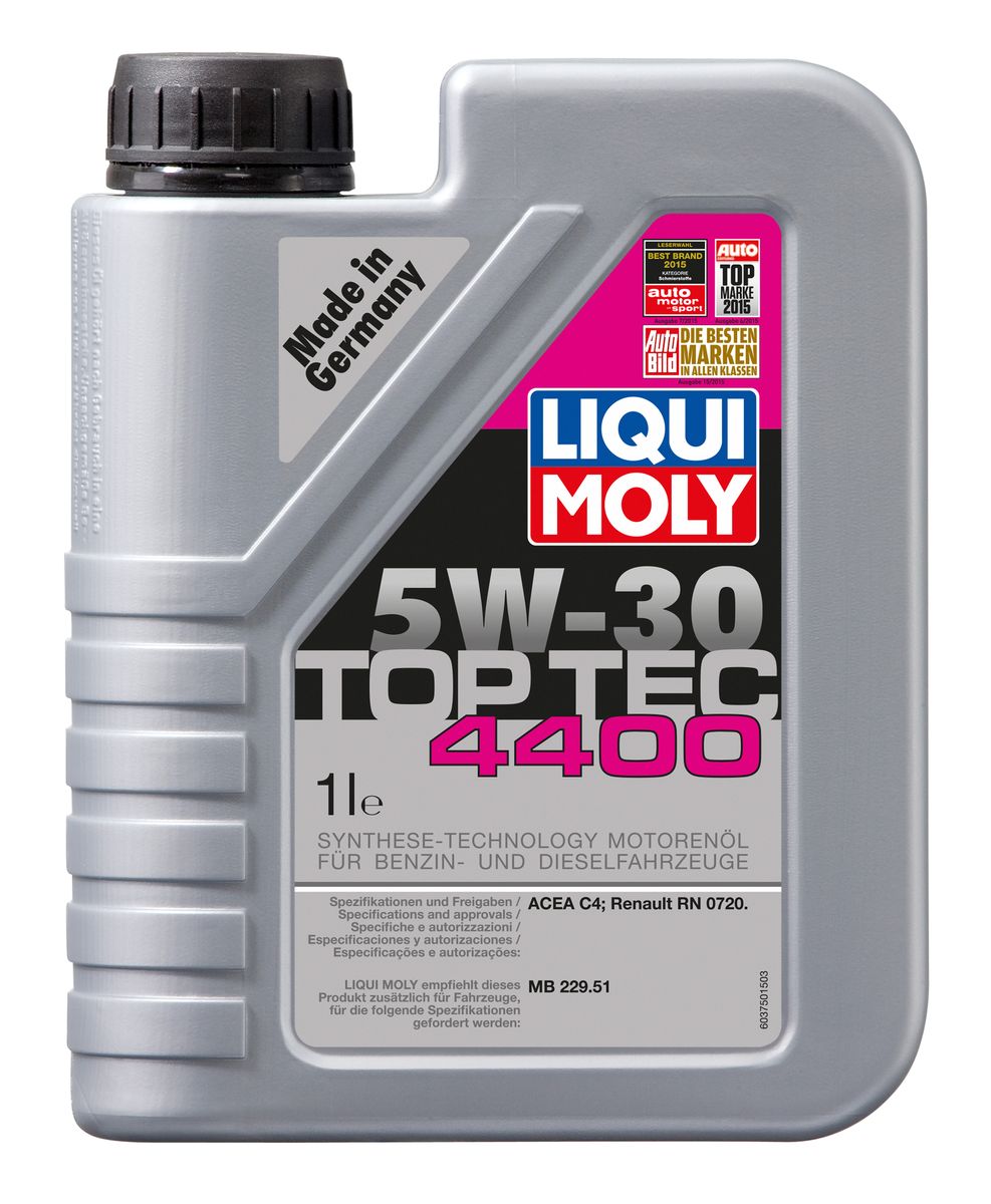 Масло моторное Liqui Moly Top Tec 4400, НС-синтетическое, 5W-30, 1 л2319 Масло моторное Liqui Moly Top Tec 4400, НС-синтетическое, 5W-30, 1 л2319Масло моторное Liqui Moly Top Tec 4400 имеет оригинальный допуск Renault/Nissan. Особо рекомендуется для дизельных двигателей с сажевым фильтром Renault с 2007 модельного года, Nissan - с 2010. HC-синтетическое малозольное (Low SAPS) моторное масло для круглогодичного использования в бензиновых и дизельных двигателях легковых автомобилей. Рекомендуется для современных дизельных двигателей с многоступенчатым катализатором и сажевым фильтром (DPF). Отлично подходит для использования в автомобилях, переоборудованных под использование природного и сжиженного газа (CNG/LPG). В моторных маслах Top Tec используются базовые компоненты, произведенные по новейшим технологиям синтеза и отличающиеся высочайшими защитными свойствами. Масла содержат специальный пакет присадок с пониженным содержанием соединений серы, фосфора и хлора, что обеспечивает совместимость со специфическими системами нейтрализации и обеспечивает минимальные выбросы вредных веществ. Особенности: ...