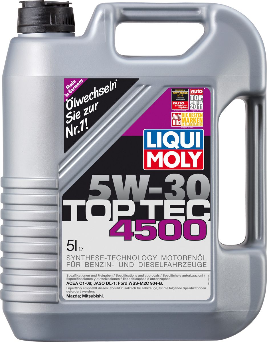 Масло моторное Liqui Moly Top Tec 4500, НС-синтетическое, 5W-30, 5 л2706 (ПО) Масло моторное Liqui Moly Top Tec 4500, НС-синтетическое, 5W-30, 5 л2706 (ПО)Масло моторное Liqui Moly Top Tec 4500 соответствует самым современным требованиям Ford, Mazda и Mitsubishi. Особо рекомендуется для дизельныx двигателей с DPF Ford; Jaguar; Mazda (кроме Mazda 3 1,6 DPF); Land Rover с 2009 модельного года; Mitsubishi Pajero 3.2 DID с 2007 модельного года. HC-синтетическое малозольное (Low SAPS) моторное масло для круглогодичного использования в бензиновых и дизельных двигателях легковых автомобилей. Рекомендуется для современных дизельных двигателей с многоступенчатым катализатором и сажевым фильтром (DPF). Отлично подходит для использования в автомобилях, переоборудованных под использование природного и сжиженного газа (CNG/LPG). Имеет специальные допуски Mitsubishi, Mazda, Ford. В моторных маслах Top Tec используются базовые компоненты, произведенные по новейшим технологиям синтеза и отличающиеся высочайшими защитными свойствами. Масла содержат специальный пакет присадок с пониженным содержанием соединений серы, фосфора и хлора, что обеспечивает совместимость со специфическими системами нейтрализации и обеспечивает минимальные выбросы вредных веществ. Особенности: - Сокращает вредные выбросы- Совместимо с новейшими системами нейтрализации выхлопных газов- Быстрое поступление масла к трущимся деталям при низких температурах- Высокая защита двигателя от износа- Обеспечивает чистоту двигателяДопуск: -ACEA: C1