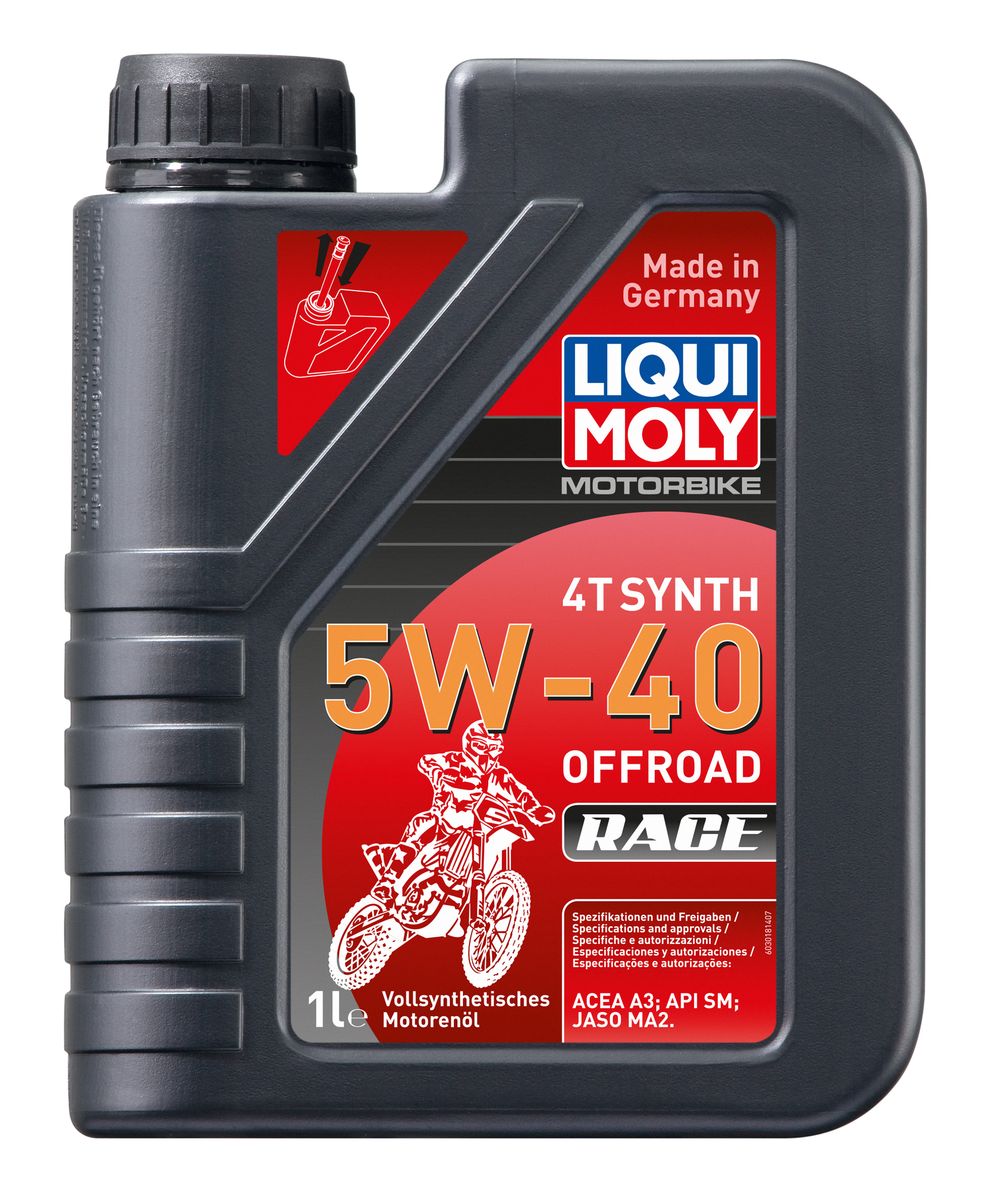 Масло моторное Liqui Moly Motorbike 4T Synth Offroad Race, синтетическое, 5W-40, 1 л3018 Масло моторное Liqui Moly Motorbike 4T Synth Offroad Race, синтетическое, 5W-40, 1 л3018Масло моторное Liqui Moly Motorbike 4T Synth Offroad Race содержит современную формулу, сочетающую высокостабильную ПАО-базовую основу с современными присадками. Совместимо с фрикционными материалами сцепления даже на особо мощных мотоциклетных двигателях. Отменно противостоит повышенным температурам и перегреву. Особо эффективно в условиях запыленности. Хорошо отделяет воду. Подобранная вязкость гарантирует оптимальную защиту двигателя от прихвата и задиров. Универсального использования, в том числе на двигателях с большим пробегом. Замена моторного масла осуществляется совместно с масляным фильтром, согласно инструкции по эксплуатации. Перед заменой рекомендуется промывать масляную систему при помощи Motorbike Engine Flush. Смешивается с маслами аналогичных спецификаций. Утилизировать отработанное масло в соответствии с местным законодательством, подробности в Паспорте безопасности (MSDS). Литровая канистра имеет удобную заливную трубочку. Полностью синтетическая...