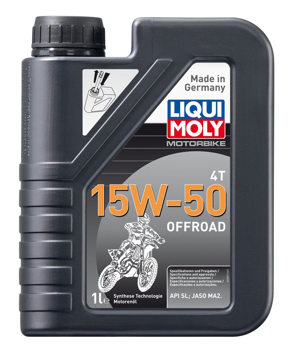 Масло моторное Liqui Moly Motorbike 4T Offroad, НС-синтетическое, 15W-50, 1 л3057 Масло моторное Liqui Moly Motorbike 4T Offroad, НС-синтетическое, 15W-50, 1 л3057Масло моторное Liqui Moly Motorbike 4T Offroad предназначено для эксплуатации разнообразной мототехники на бездорожье. Универсального применения, в том числе для техники с большим пробегом. Для высоконагруженных мотоциклетных двигателей с мокрым и сухим сцеплением, воздушного и водяного охлаждения. Использована высоковязкая НС-синтетическая базовая основа, сочетающая отличные противоизносные свойства с высоким индексом вязкости. Современный пакет присадок обеспечивает отменную совместимость с фрикционными материалами и оптимальное смазывание как двигателя, так и коробки передач мототехники. Стойко к тяжелым условиям: перегреву, попаданию воды, пыли. Всесезонное. НС-синтетическая базовая основа в сочетании с современными присадками обеспечивает: - повышенное давление в системе смазки; - отличное смазывание двигателя и КПП; - отличную стойкость к высоким температурам, попаданию воды и пыли; - максимальную защиту...
