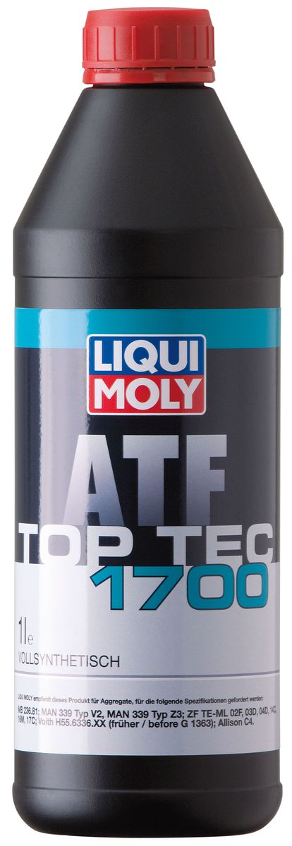 Масло трансмиссионное Liqui Moly Top Tec ATF 1700, синтетическое, 1 л3663 Масло трансмиссионное Liqui Moly Top Tec ATF 1700, синтетическое, 1 л3663Масло трансмиссионное Liqui Moly Top Tec ATF 1700 отвечает требованиям производителей трансмиссий грузовых автомобилей. Это полностью синтетическая жидкость для автоматических трансмиссий грузовых автомобилей. Гарантирует безупречную работу агрегатов в самых тяжелых условиях эксплуатации и экстремальных температурных режимах. В жидкости Top Tec ATF 1700 используются только синтетические базовые масла, отличающиеся высокой стабильностью и хорошими низкотемпературными свойствами. Жидкость содержит современный пакет присадок, обеспечивающий оптимальное переключение передач и надежную защиту от износа даже при увеличенных интервалах замены. Особенности: - Имеет превосходные низкотемпературные свойства - Обеспечивает наилучшую защиту от износа - Подходит для продленных интервалов заменены Допуск: -Voith: 55.6336.XX (G 1363 alt) -Allison: C-4