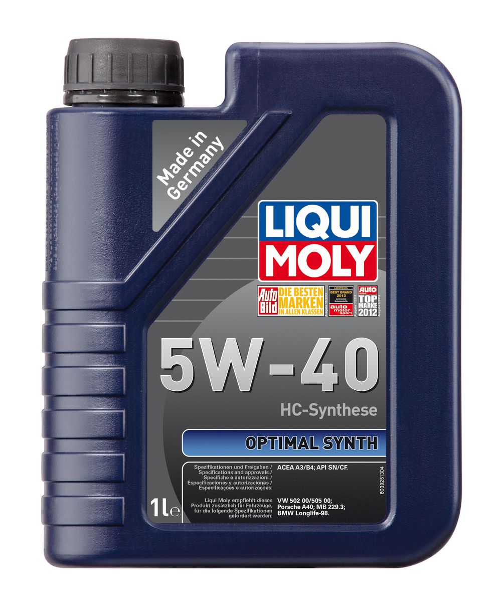 Масло моторное Liqui Moly Optimal Synth, НС-синтетическое, 5W-40, 1 л3925 Масло моторное Liqui Moly Optimal Synth, НС-синтетическое, 5W-40, 1 л3925Масло моторное Liqui Moly Optimal Synth - это HC-синтетическое моторное масло с адаптированным для российских условий пакетом присадок. Благодаря новейшим технологиям синтеза и вязкости 5W-40 масло обеспечивает высокий уровень защиты и оптимальное смазывание деталей двигателя. Масло удовлетворяет современным международным стандартам API/ACEA. Масло создано на основе базовых компонентов, произведенных по технологии HC-синтеза, с учетом самых высоких требований, предъявляемых современными и мощными бензиновыми и дизельными двигателями. Оно обеспечивает отличную смазку при любых условиях эксплуатации. Одновременно снижается до минимума трение, в результате чего уменьшается расход топлива. Особенности: - Быстрое поступление масла к деталям двигателя при низких температурах - Надежная защита от износа - Низкий расход масла - Оптимальная чистота двигателя - Экономия топлива и снижение вредных выбросов - Проверено на турбированных двигателях...