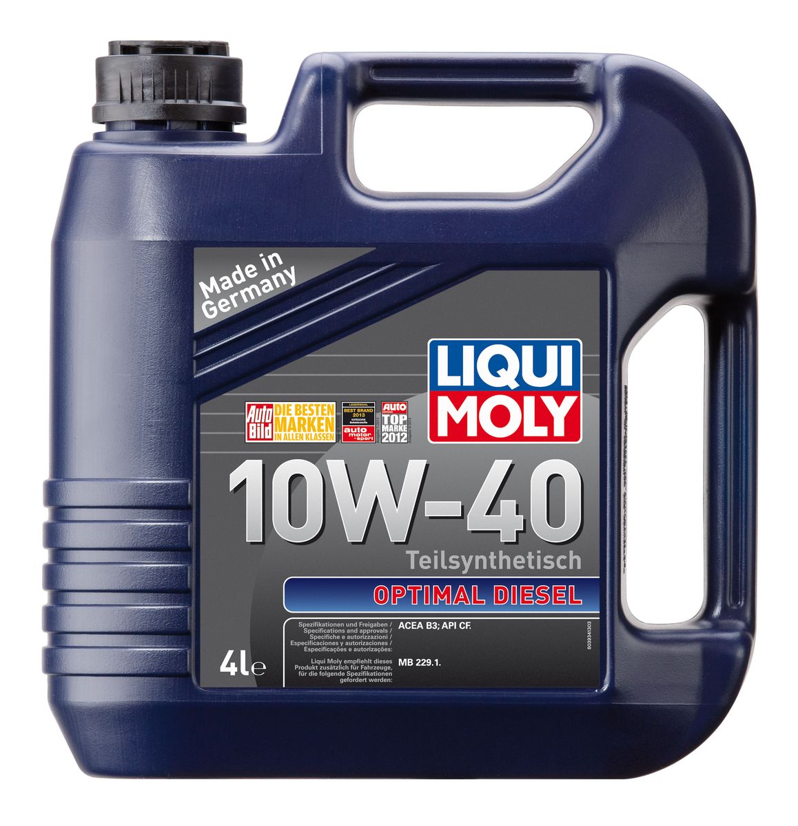 Масло моторное Liqui Moly Optimal Diesel, полусинтетическое, 10W-40, 4 л2706 (ПО) Масло моторное Liqui Moly Optimal Diesel, полусинтетическое, 10W-40, 4 л2706 (ПО)Масло моторное Liqui Moly Optimal Diesel - это полусинтетическое моторное масло специально для дизельных двигателей с адаптированным для российских условий пакетом присадок. Удовлетворяет современным международным стандартам API/ACEA. Подходит для широкого круга дизельных иномарок предыдущих поколений. В моторном масле используются синтетические и минеральные базовые компоненты, отличающиеся высокими защитными свойствами. Масло обеспечивает высокий уровень защиты от износа и гарантирует стабильное поступление масла ко всем деталям двигателя.Особенности: - Специальная формула для дизельных двигателей без сажевого фильтра- Надежная защита от износа- Низкий расход масла- Оптимальная чистота двигателя