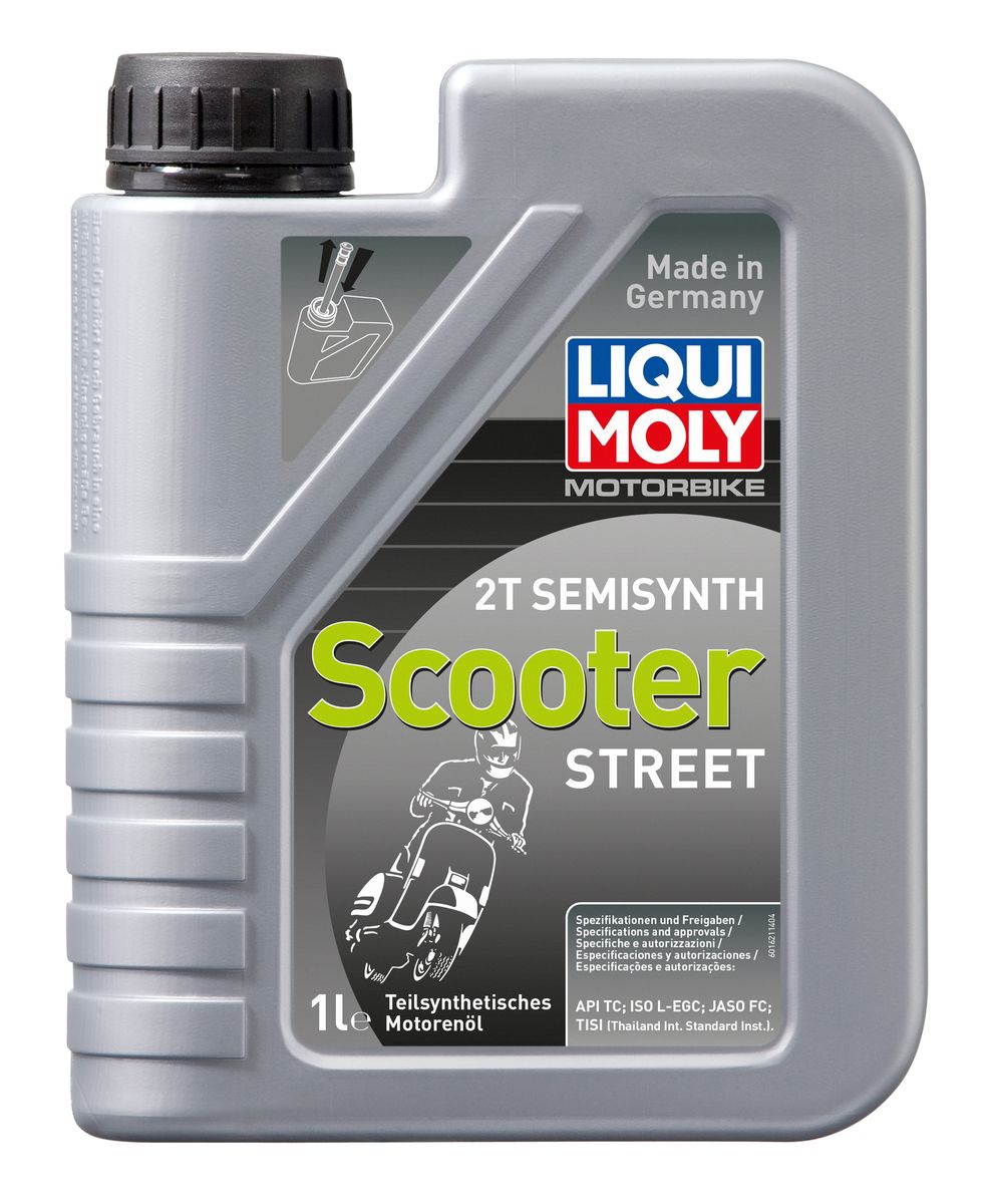 Масло моторное Liqui Moly Motorbike 2T Semisynth Scooter Street, полусинтетическое, 1 л2706 (ПО) Масло моторное Liqui Moly Motorbike 2T Semisynth Scooter Street, полусинтетическое, 1 л2706 (ПО)Масло моторное Liqui Moly Motorbike 2T Semisynth Scooter предназначено для эксплуатации двухтактных скутеров на дорогах с твердым покрытием. Комбинация полусинтетической базы и современных присадок гарантирует оптимальную защиту двигателя на повышенных оборотах и нагрузках. Бездымно сгорает, не дает нагаров в двигателе и глушителе. Самосмешиваемо с топливом, используется для раздельной и смешанной систем подачи топлива. Защищает от коррозии. Красного цвета. Полусинтетическая базовая основа в сочетании с современными присадками обеспечивает: - чистоту двигателя, свечей зажигания, мощностного клапана и глушителя; - защиту от износа, задиров и прихватов; - бездымное сгорание; - защиту от коррозии; - стойкость к повышенным оборотам и температурам в подкапотном пространстве. Использование масла Motorbike 2T Semisynth Scooter Street обеспечивает долговременную работу стандартных 2Т двигателей скутеров. Для двигателей с водяным и воздушным охлаждением, со смешанной и раздельной системами смазки. Концентрация в смеси с топливом до 1:50.